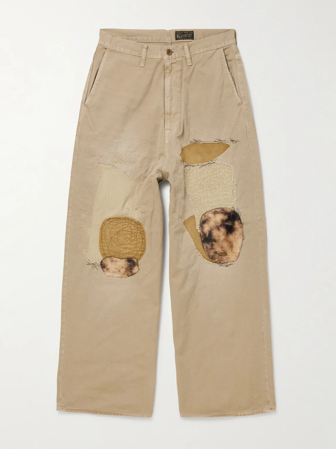 Katsuragi Port Straight-Leg Patchwork Distressed Cotton-Twill Trousers - 1