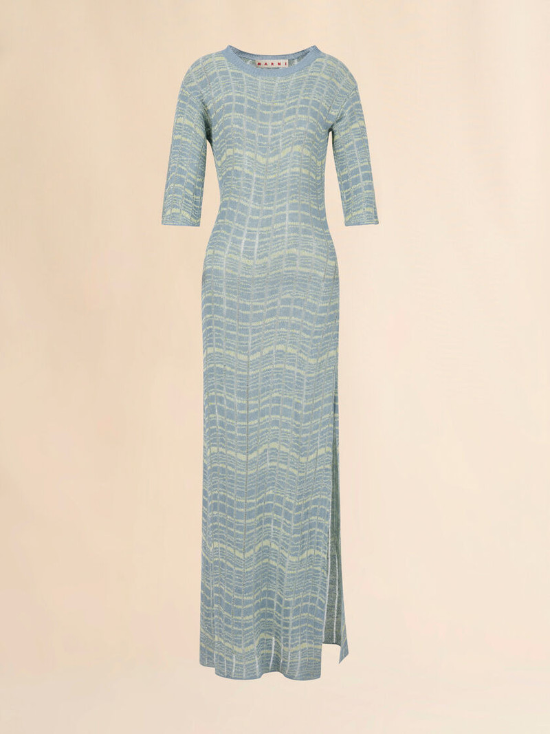 BLUE RIBBED LINEN DRESS WITH WAVY PATTERN 1