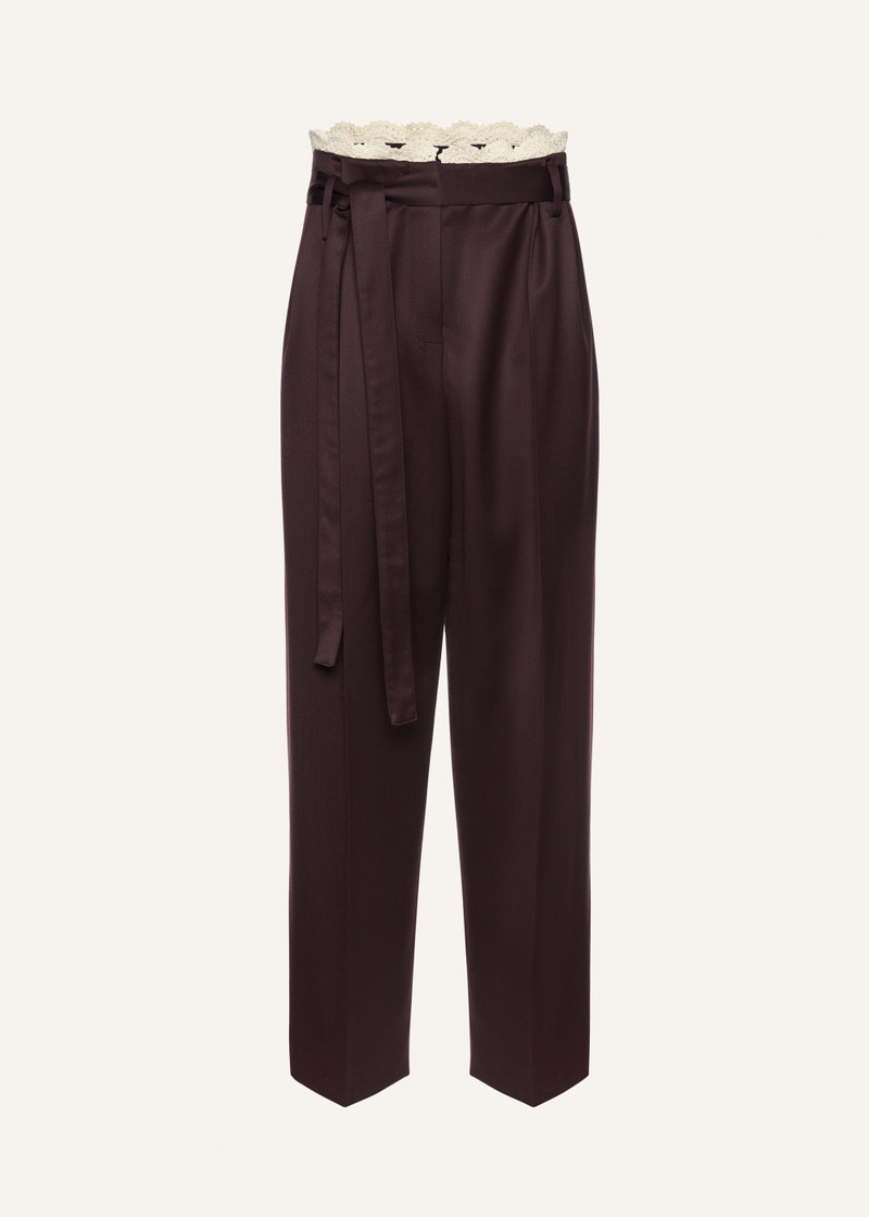 Lace-detail wool tapered trousers in burgundy 1