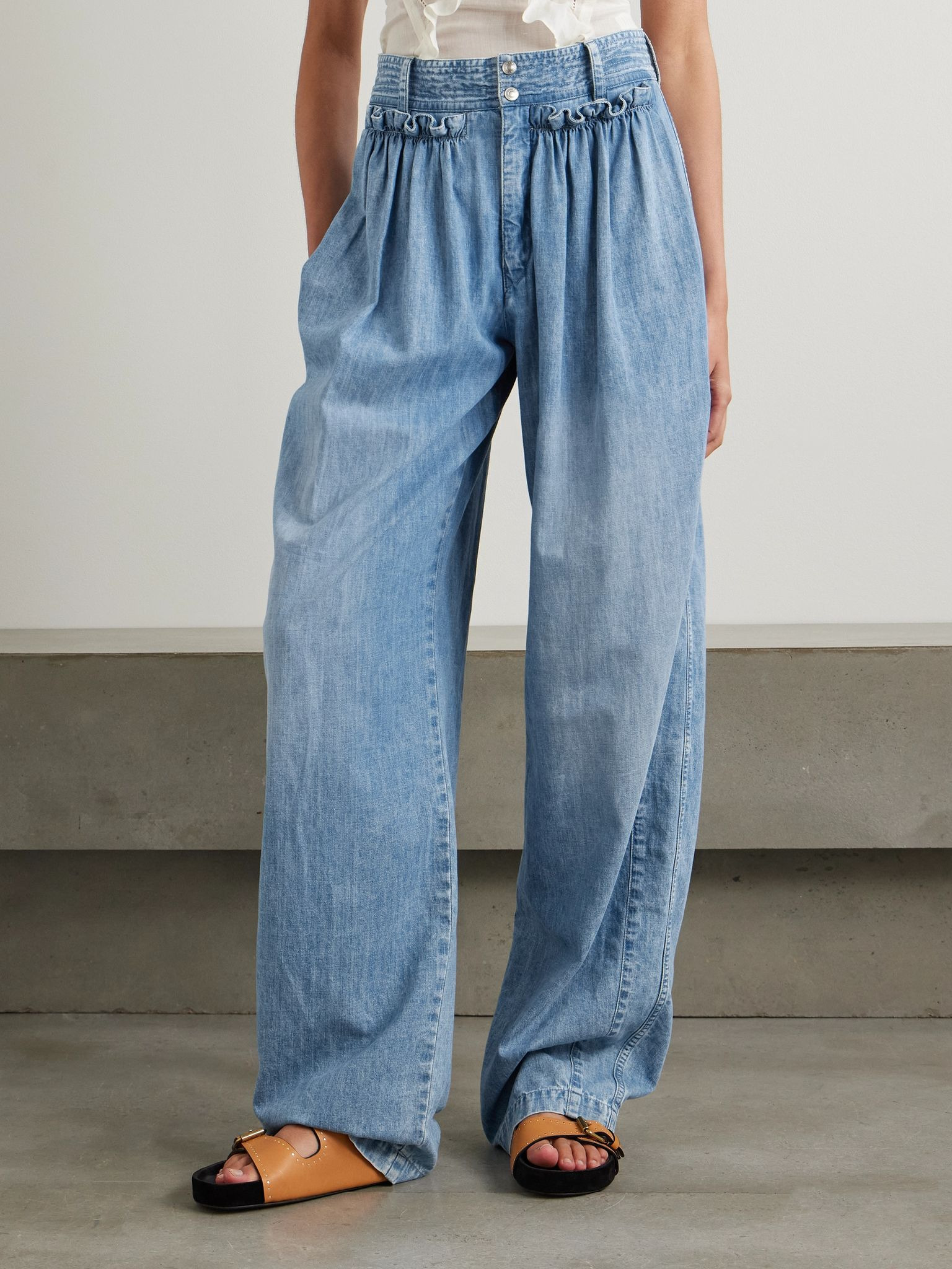 Inaya ruffled cotton-chambray barrel-leg pants Light blue - 3