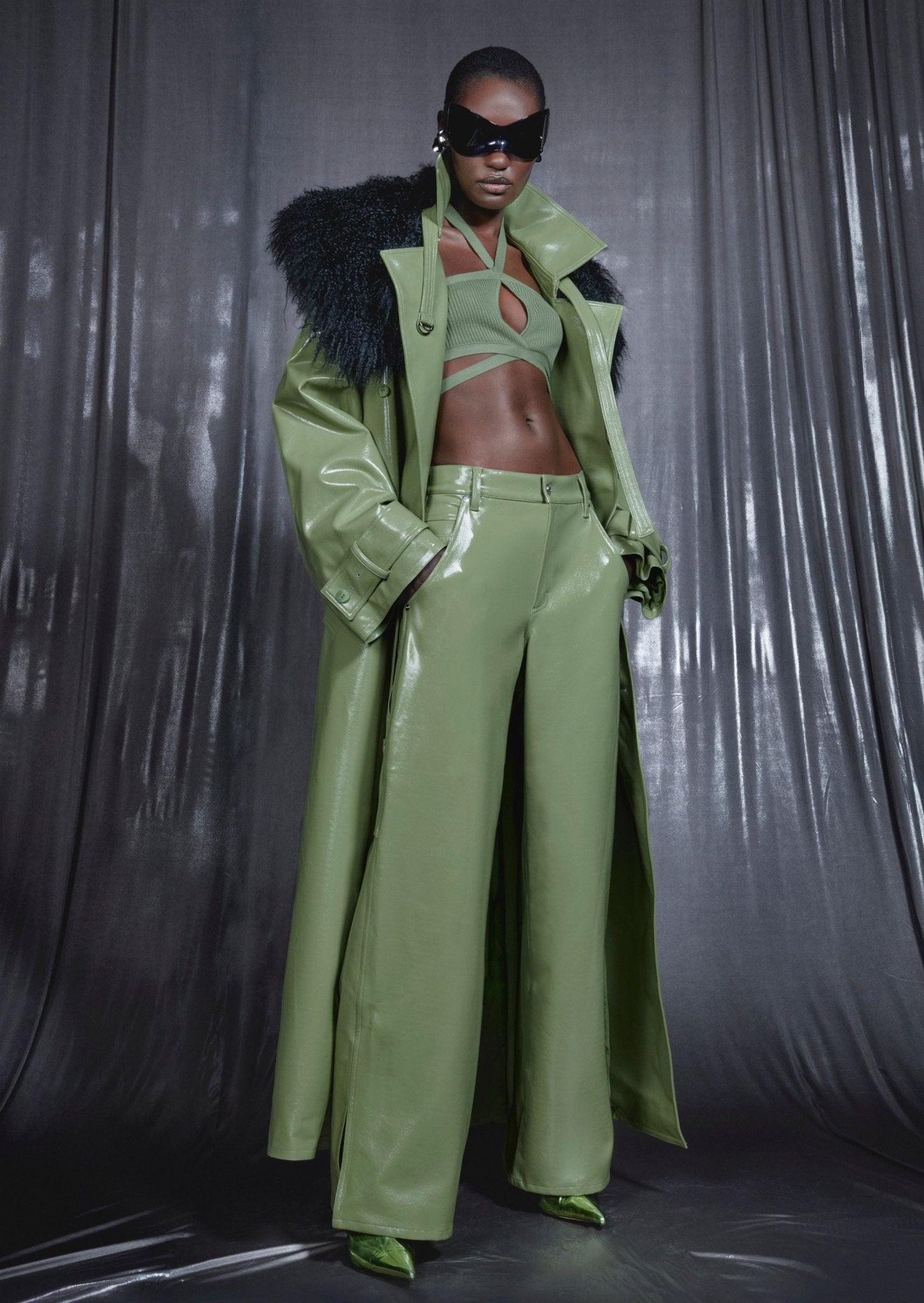 Patent Faux Leather Double Breasted Trench - 2