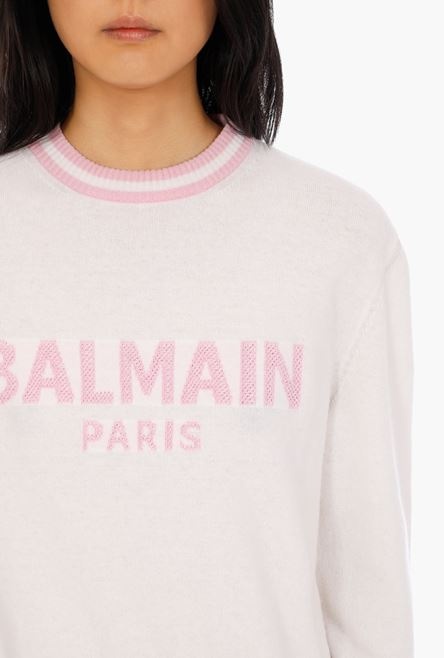 Cropped white wool and cashmere sweater with light pink Balmain logo - 6