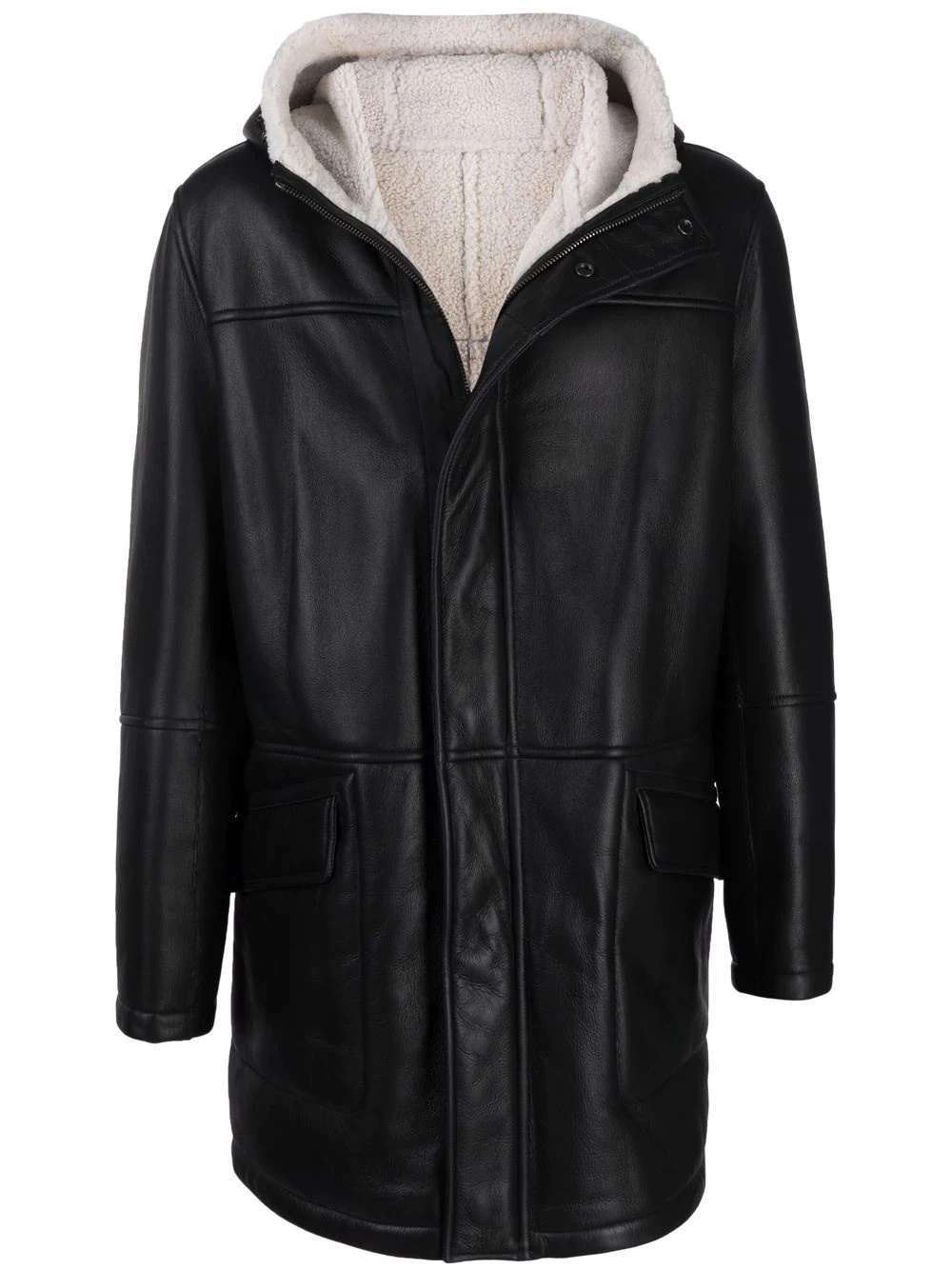 hooded shearling-trim leather coat - 1