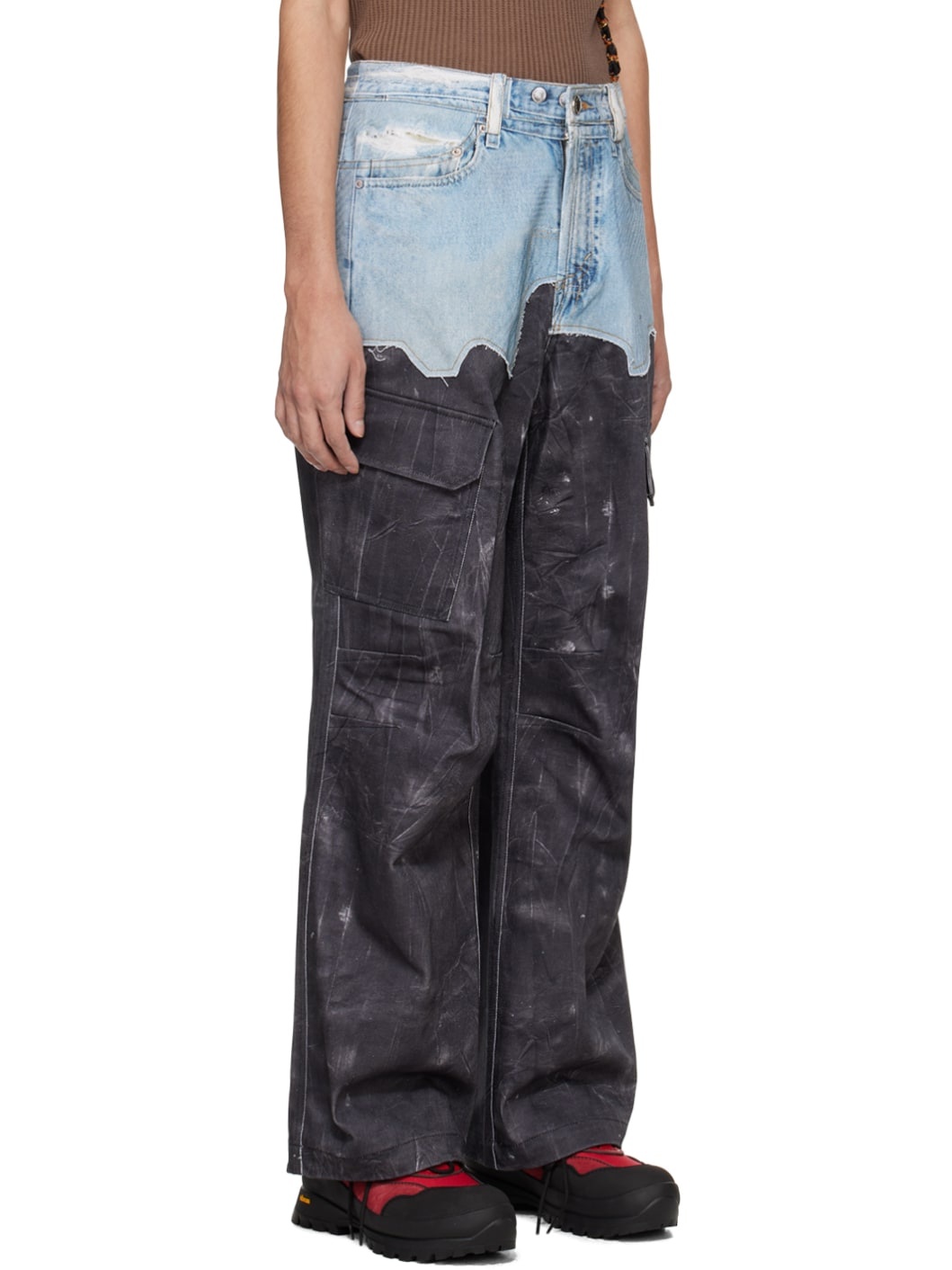 Blue & Black Printed Denim Cargo Pants - 2