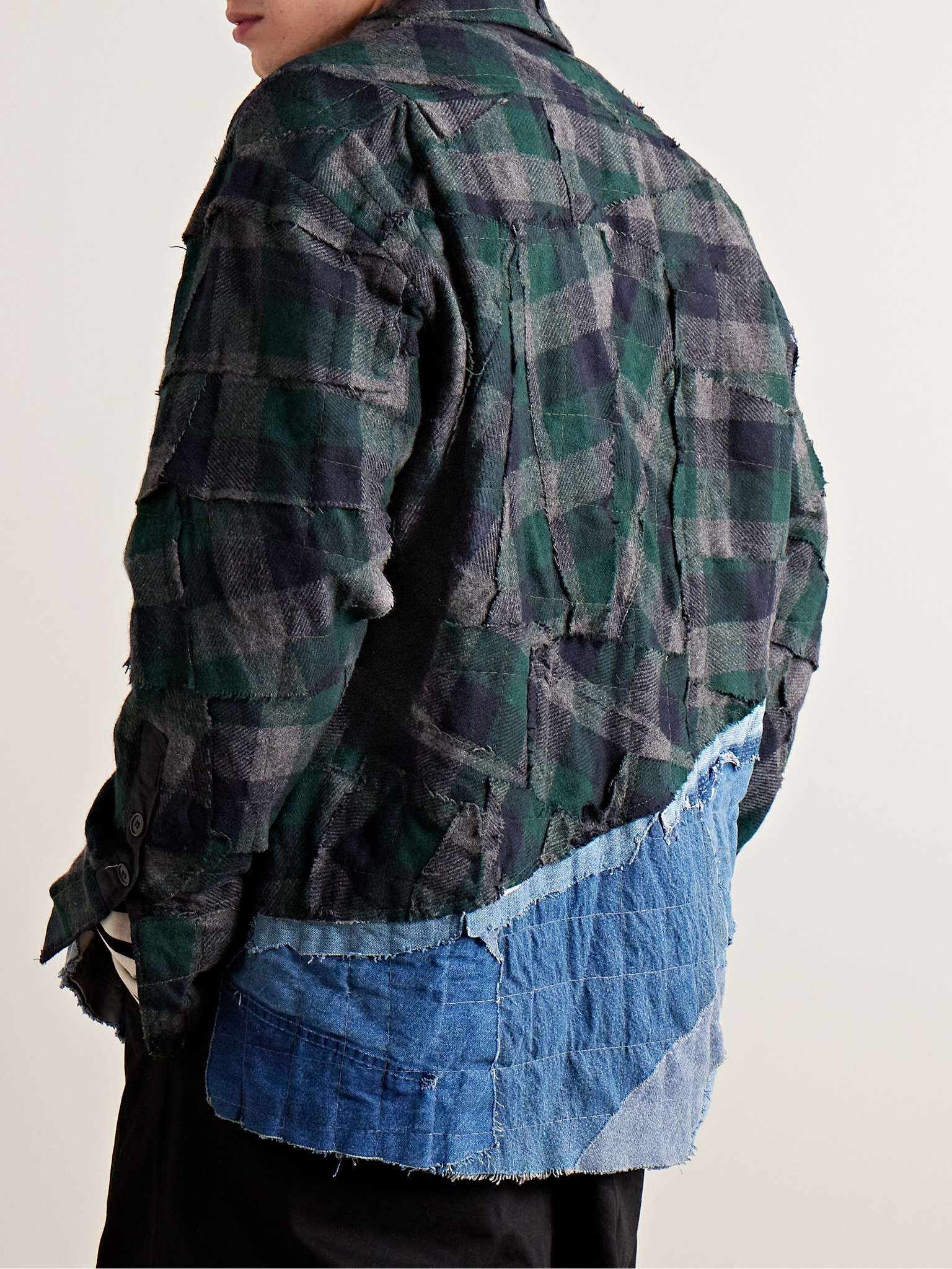 Patchwork Checked Cotton-Flannel and Distressed Denim Overshirt - 4