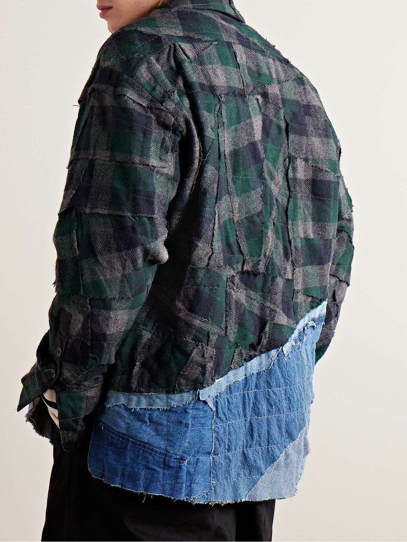 Patchwork Checked Cotton-Flannel and Distressed Denim Overshirt 4
