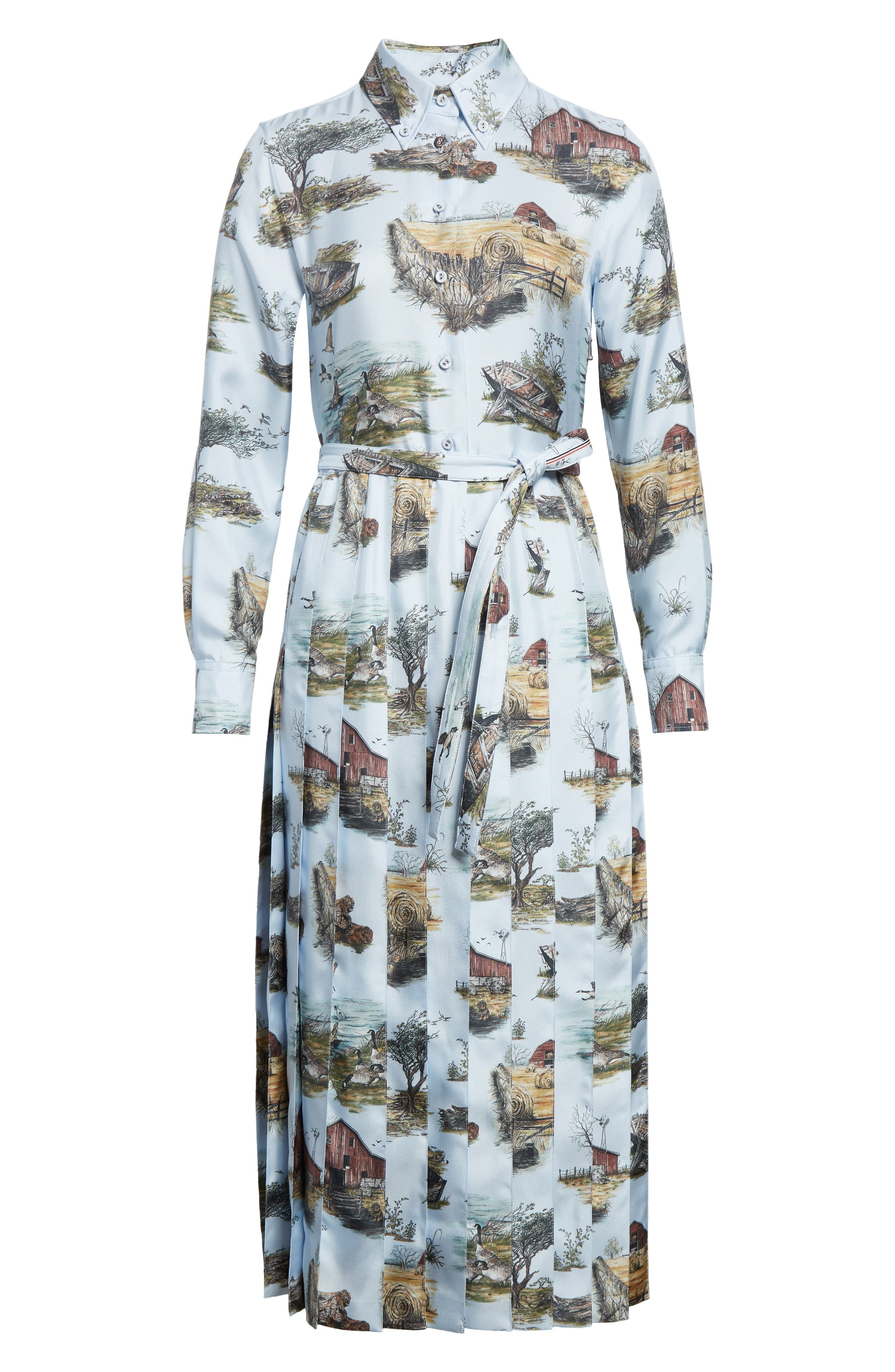 Thom Browne Long Sleeve Pleated Silk Toile Midi Shirtdress in Seasonal Multi at Nordstrom - 5