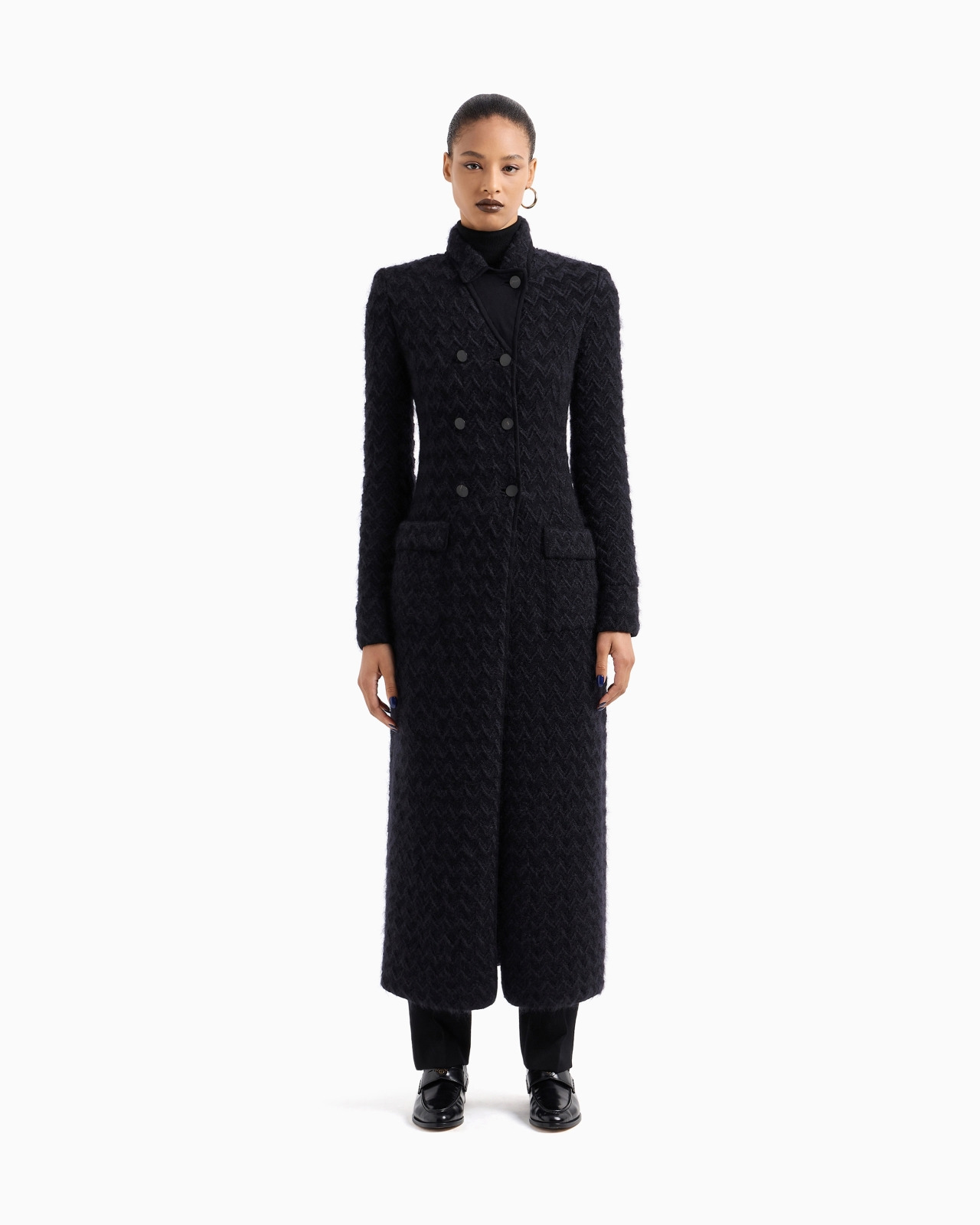 Long double-breasted coat in chevron jacquard viscose, silk and mohair wool - 4