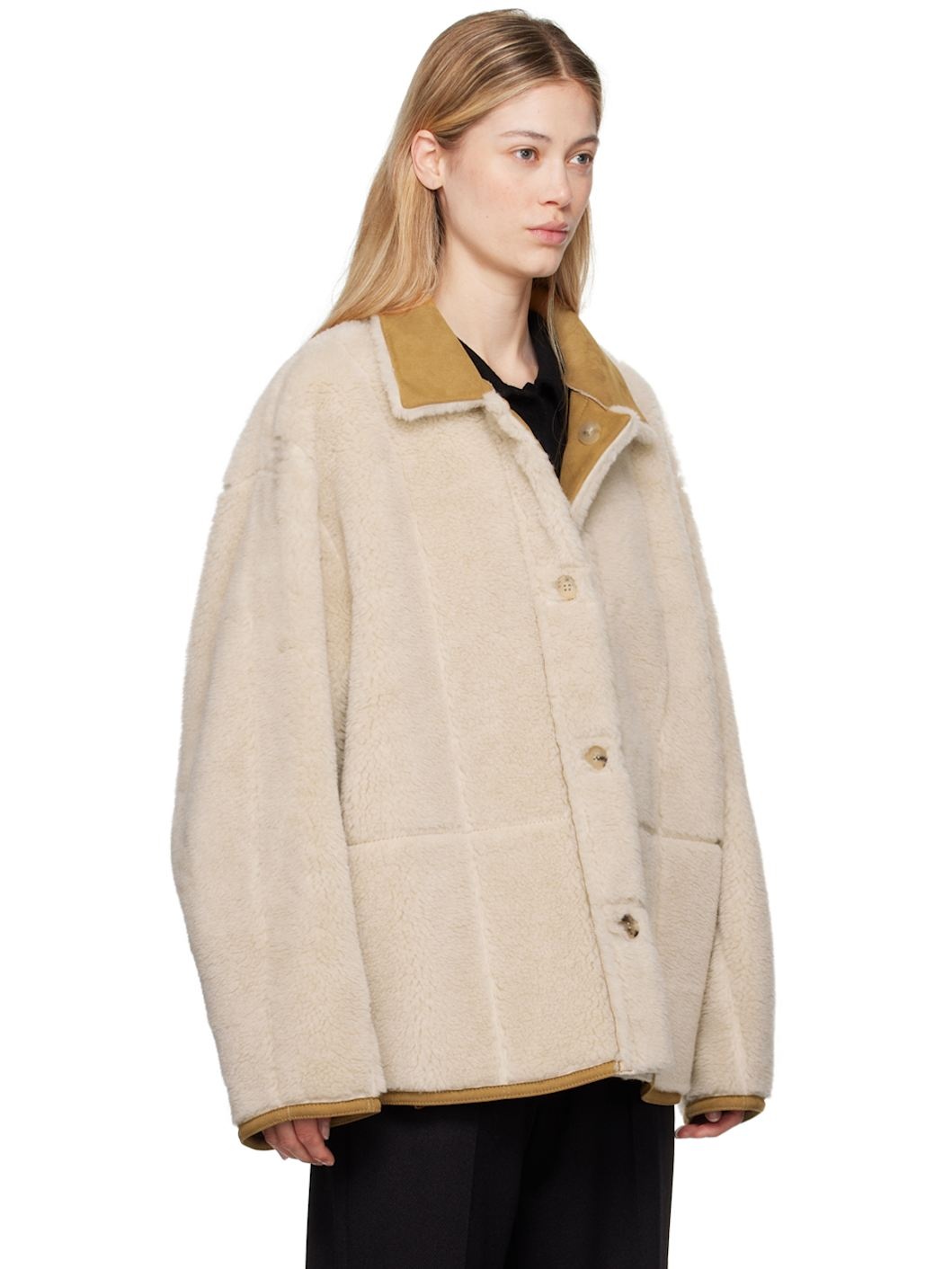 Tan Spread Collar Faux-Shearling Jacket - 2