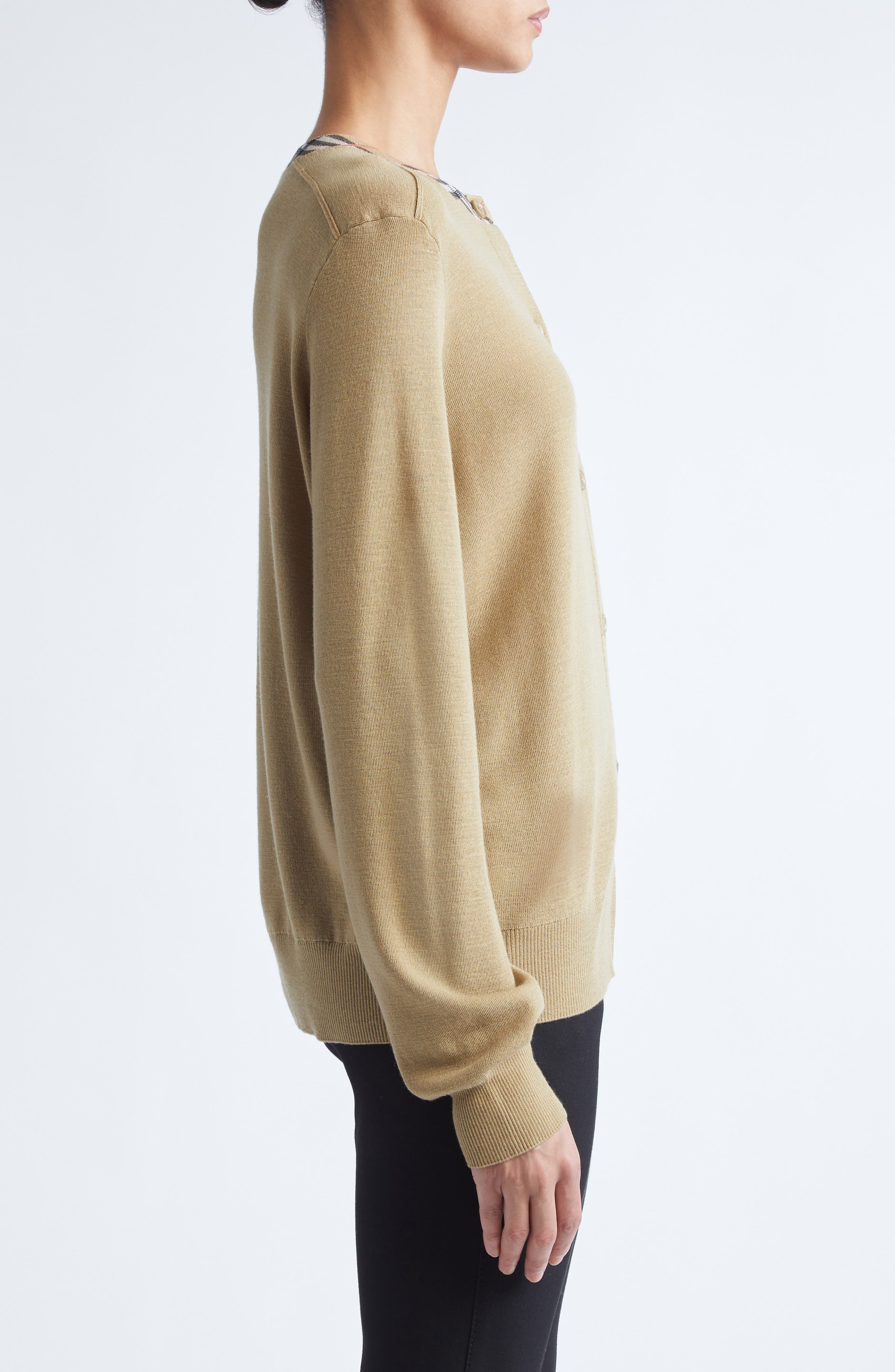 burberry Check Trim Wool Cardigan in Flax at Nordstrom - 3