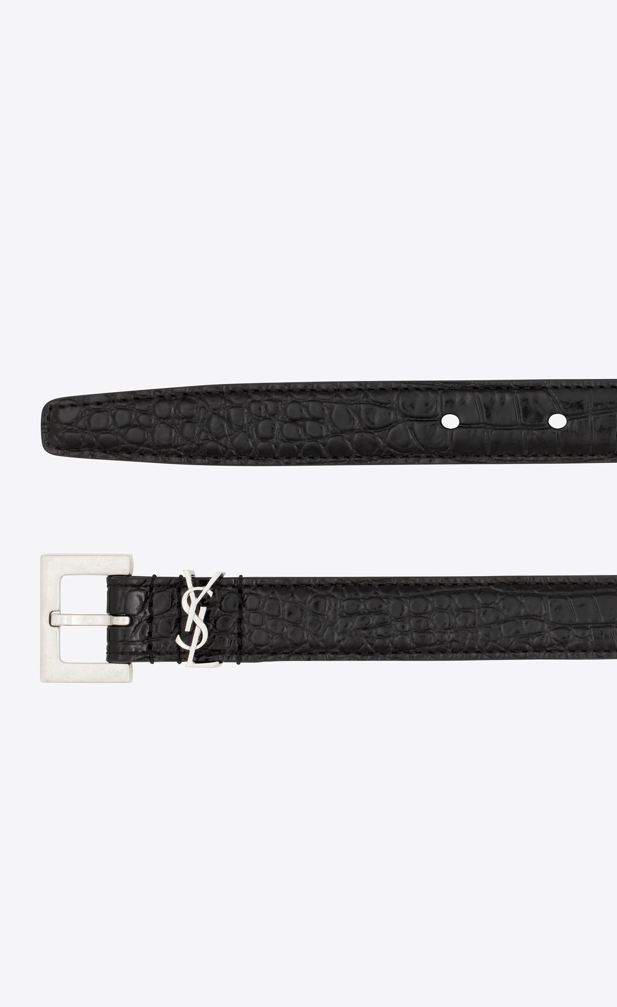 monogram thin belt with square buckle in shiny crocodile-embossed leather - 2
