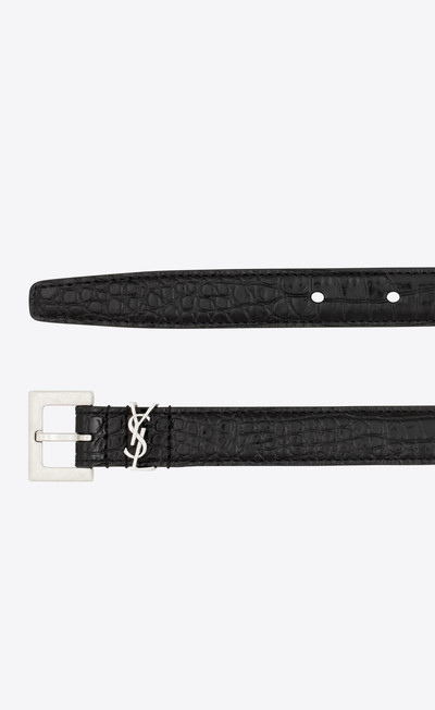 SAINT LAURENT monogram thin belt with square buckle in shiny crocodile-embossed leather outlook
