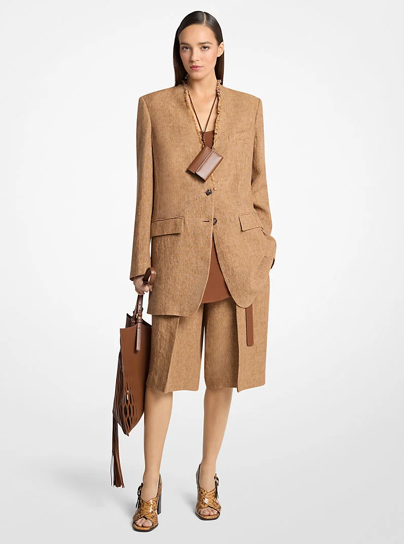 Frayed Linen Collarless Blazer - 1