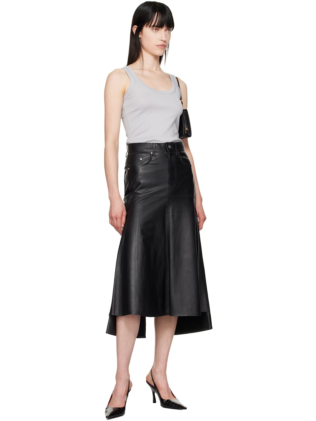 Black Panelled Flare Leather Midi Skirt - 4