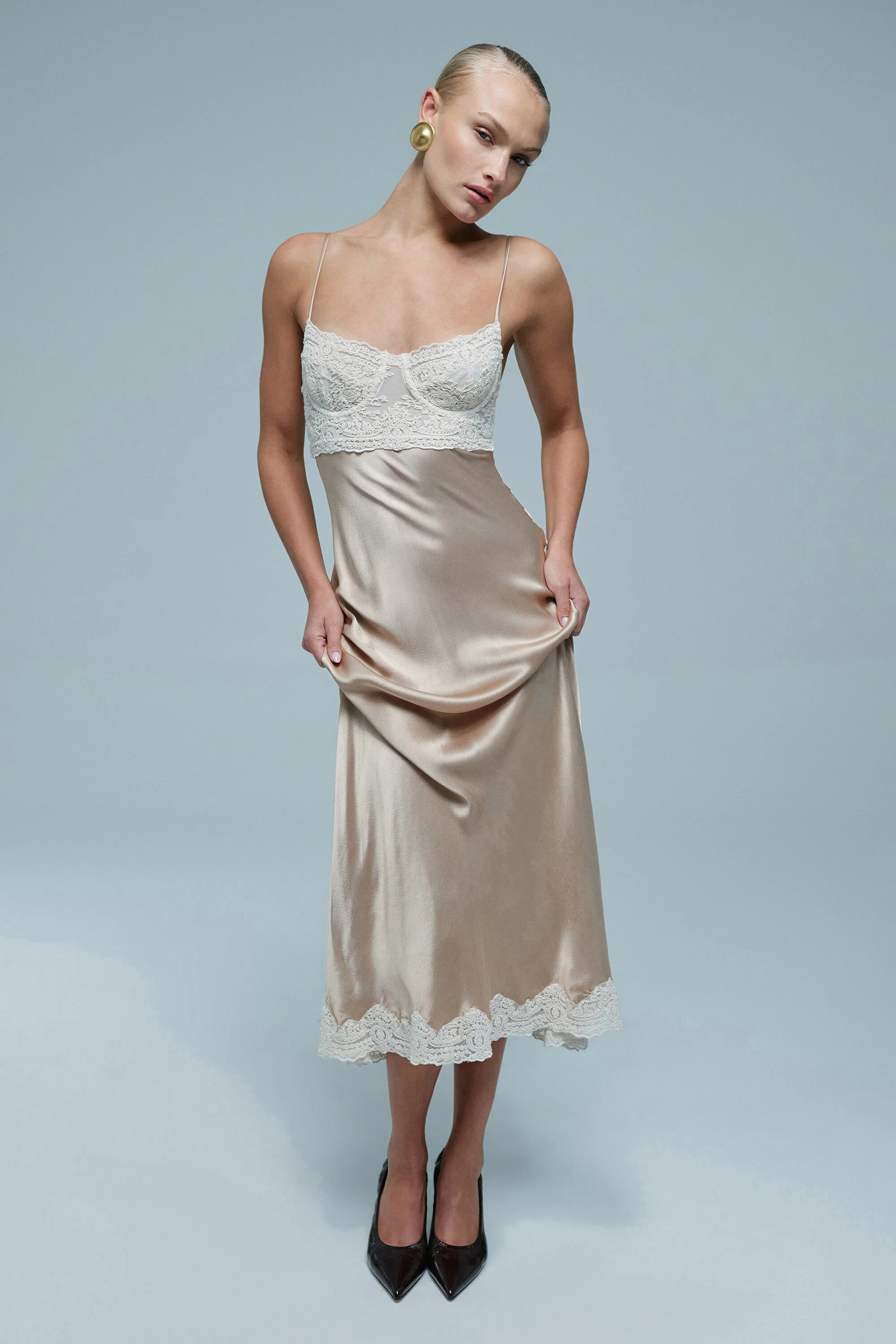 Tzariana Satin Lace Midi Dress In Golden - 1