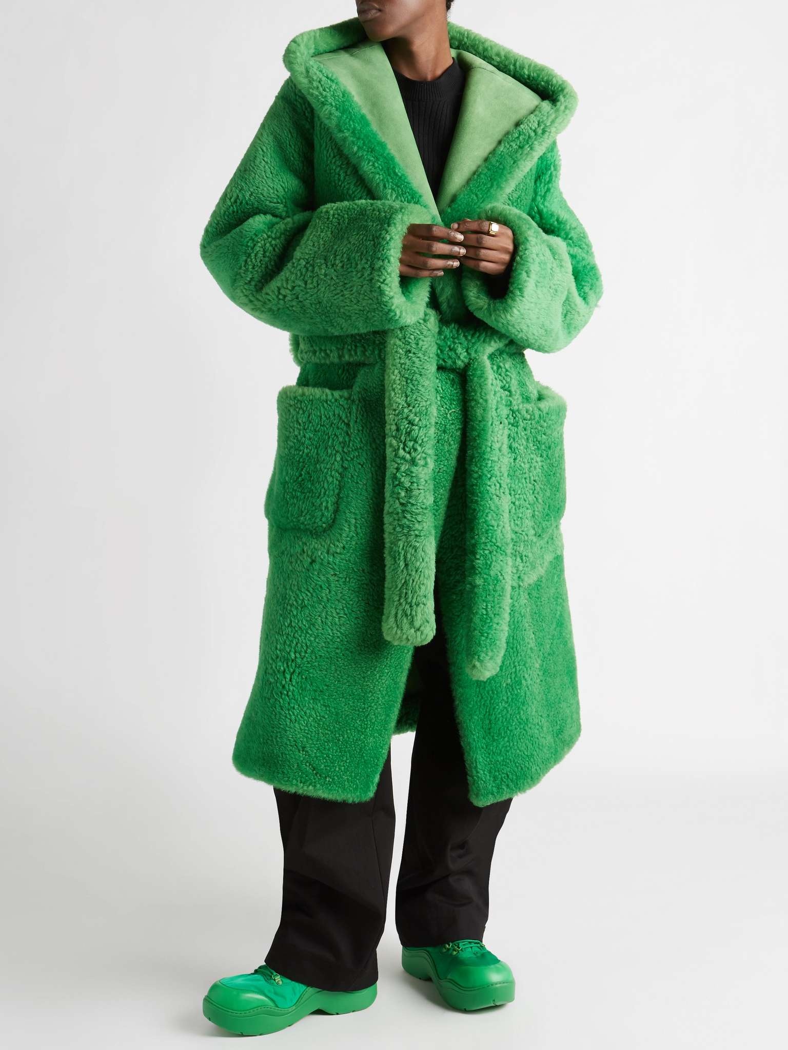 Belted Hooded Shearling Coat - 2