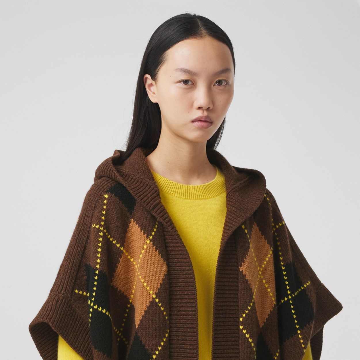 Argyle Intarsia Wool Cashmere Hooded Cape - 3