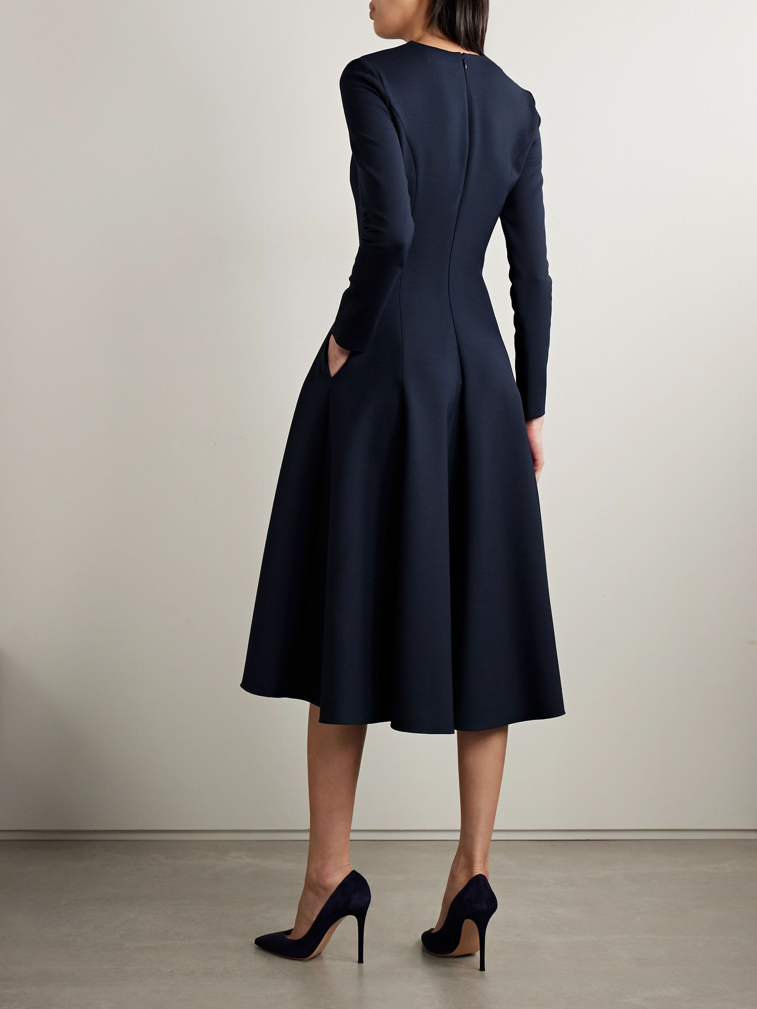 Tie-neck cutout wool-blend midi dress Navy - 3