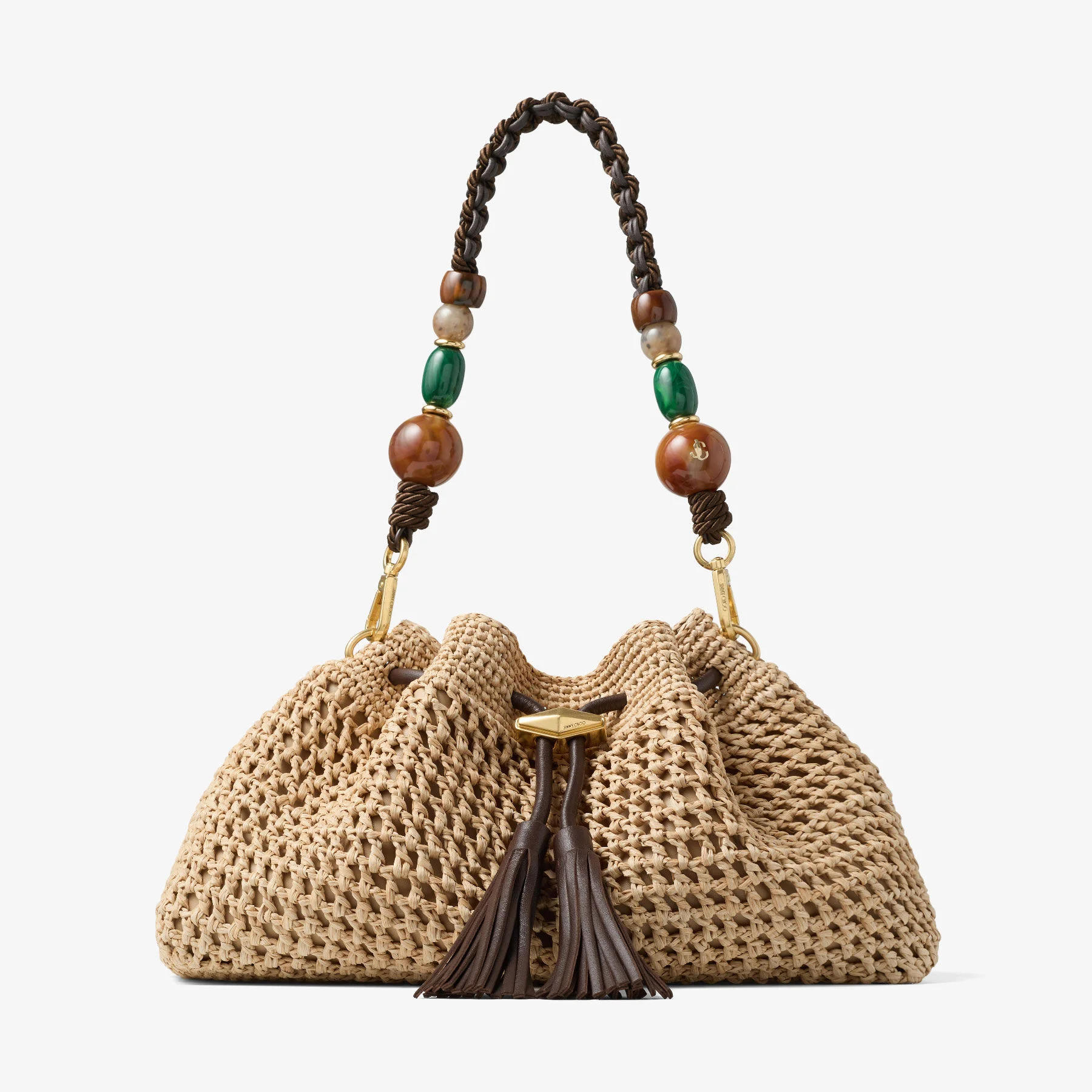 Cinch Medium Natural and Chocolate Crochet Raffia Shoulder Bag with Braided Strap - 1