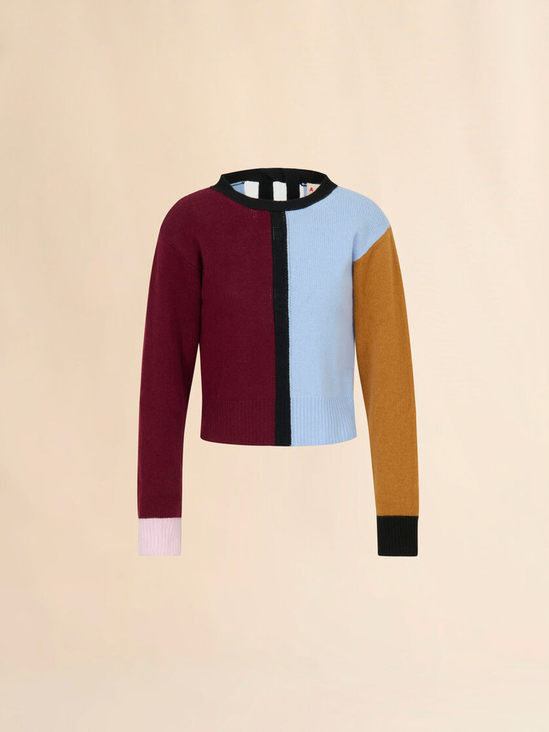 BLUE AND BURGUNDY CASHMERE COLOR-BLOCK SWEATER 1