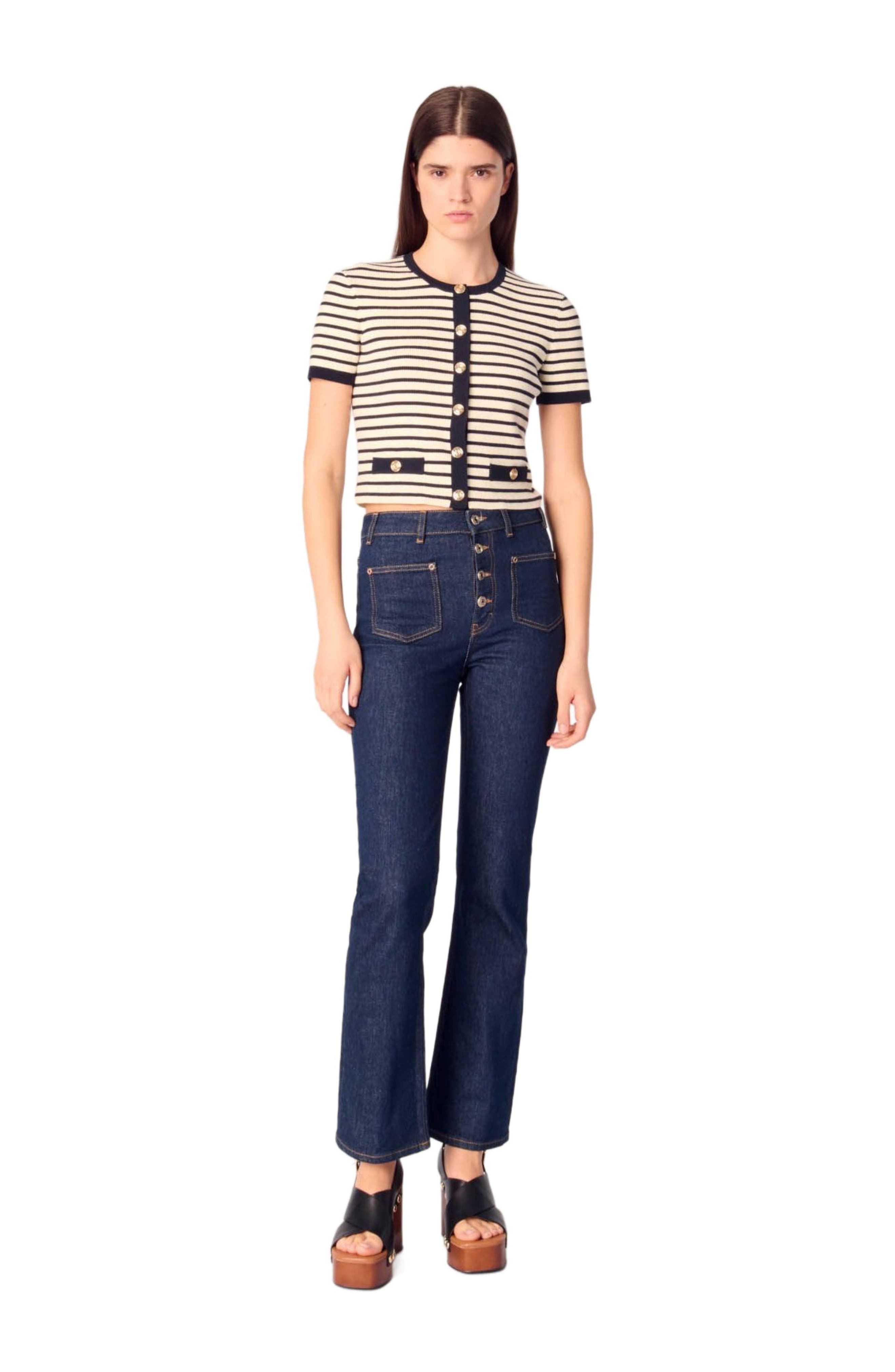 maje Cropped rib knit cardigan in Ecru/navy Blue at Nordstrom - 1