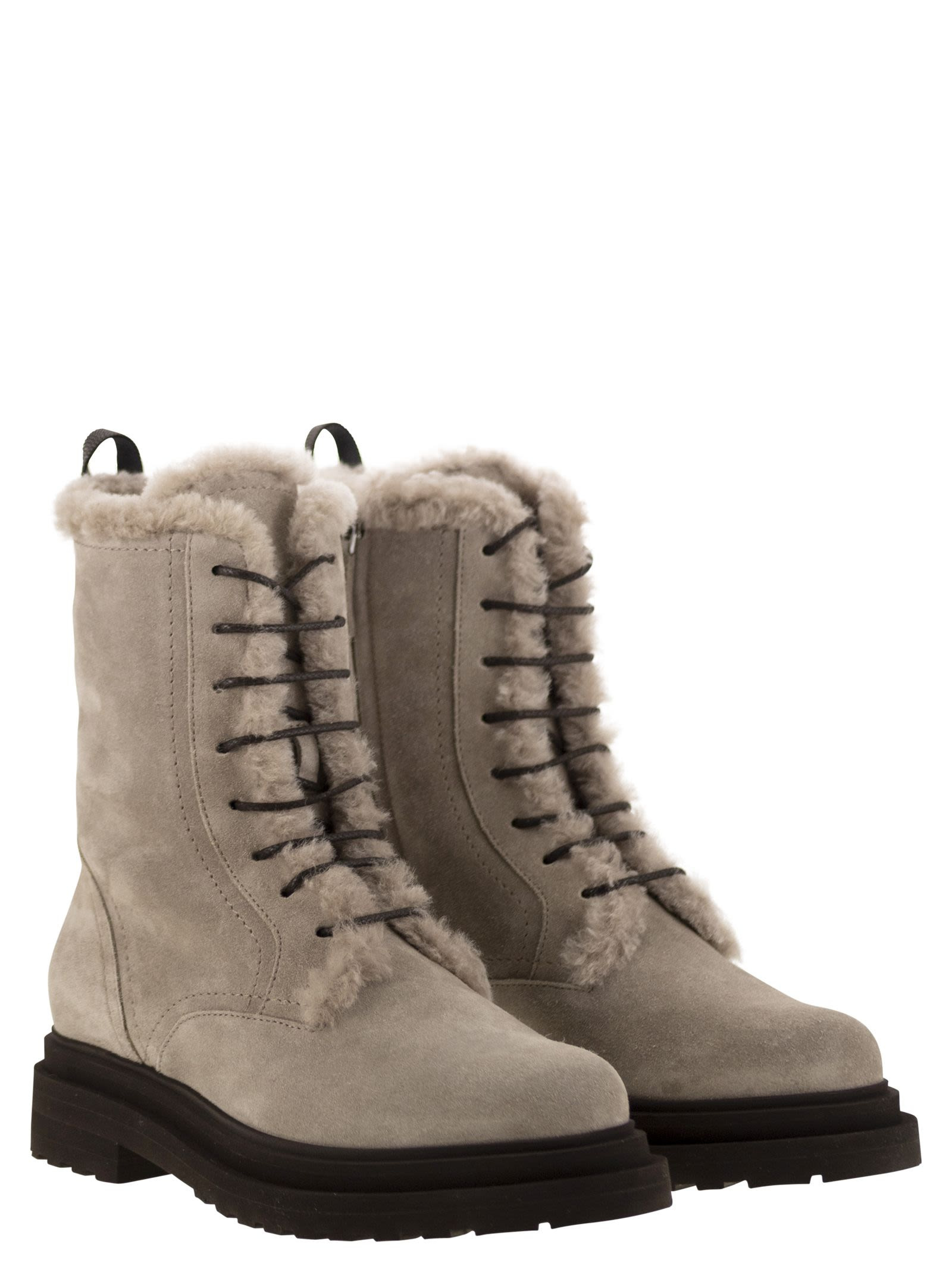 Brunello Cucinelli Women Suede Boot With Shearling Lining And Shiny Loop Detail - 4