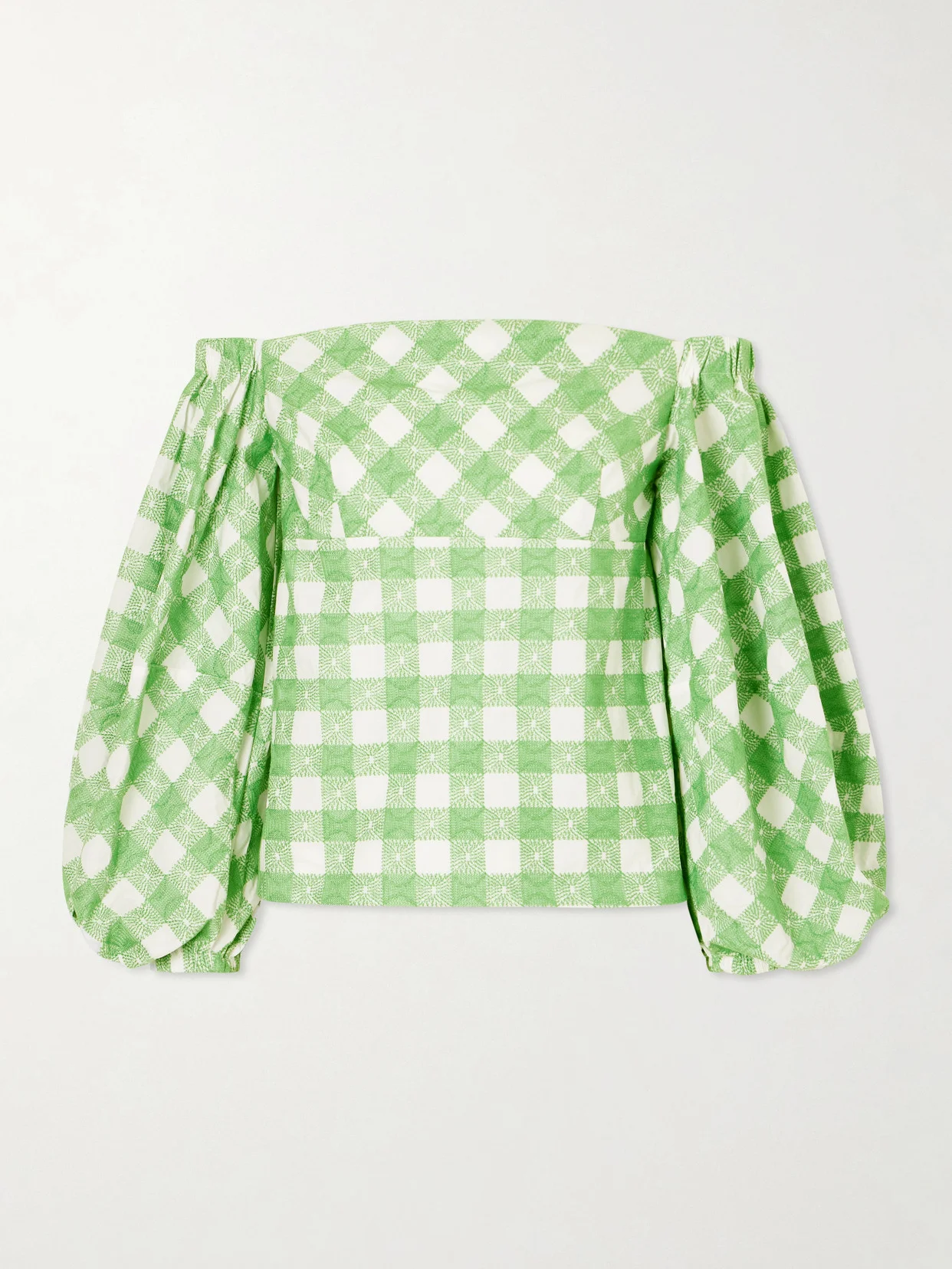 Empire Balloon Off-the-shoulder Checked Cotton Blouse - 1