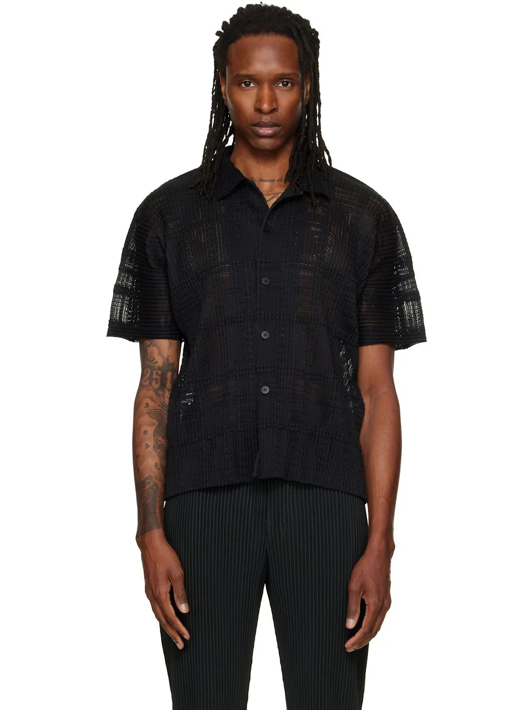 Black Lace Grid Pleats Shirt - 1