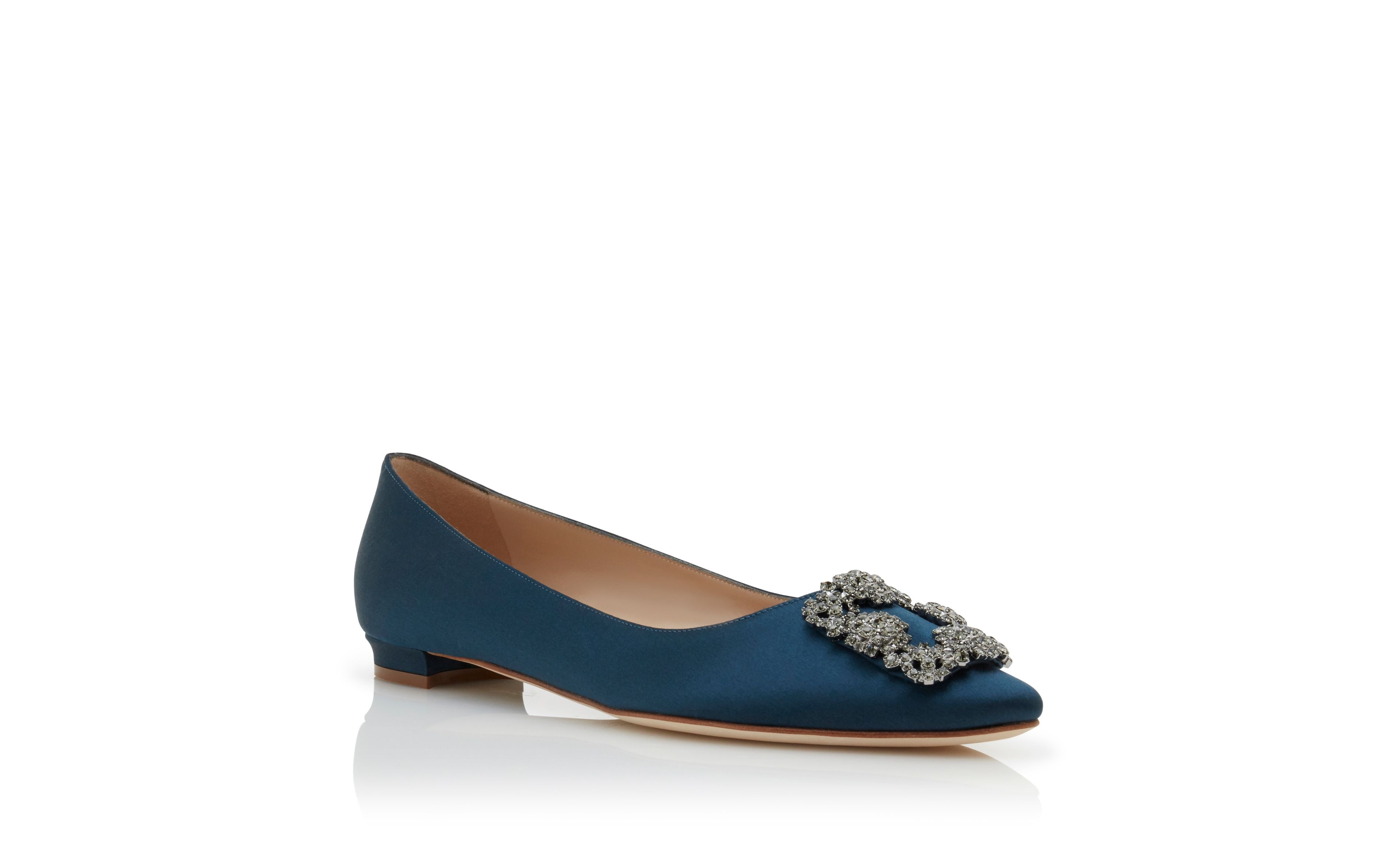 Deep Teal Satin Jewel Buckle Flat Shoes - 3