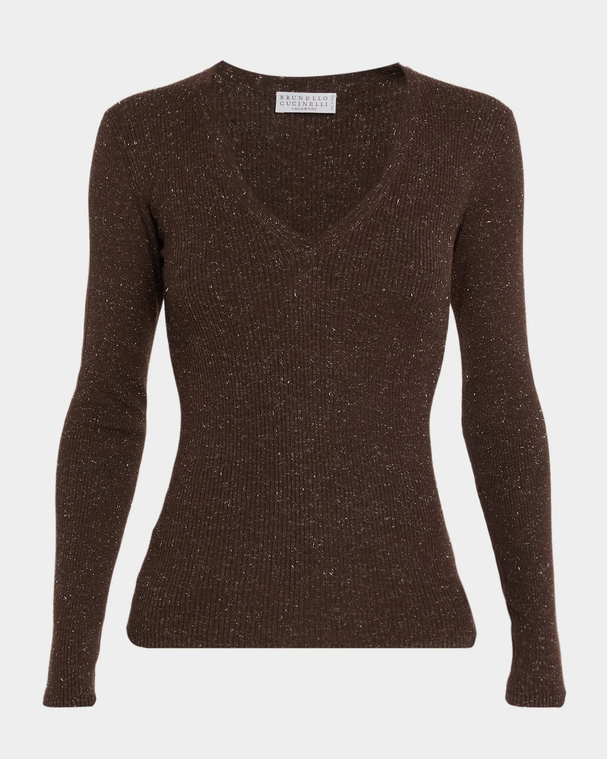 Shimmering Cashmere Rib V-Neck Fitted Sweater - 1