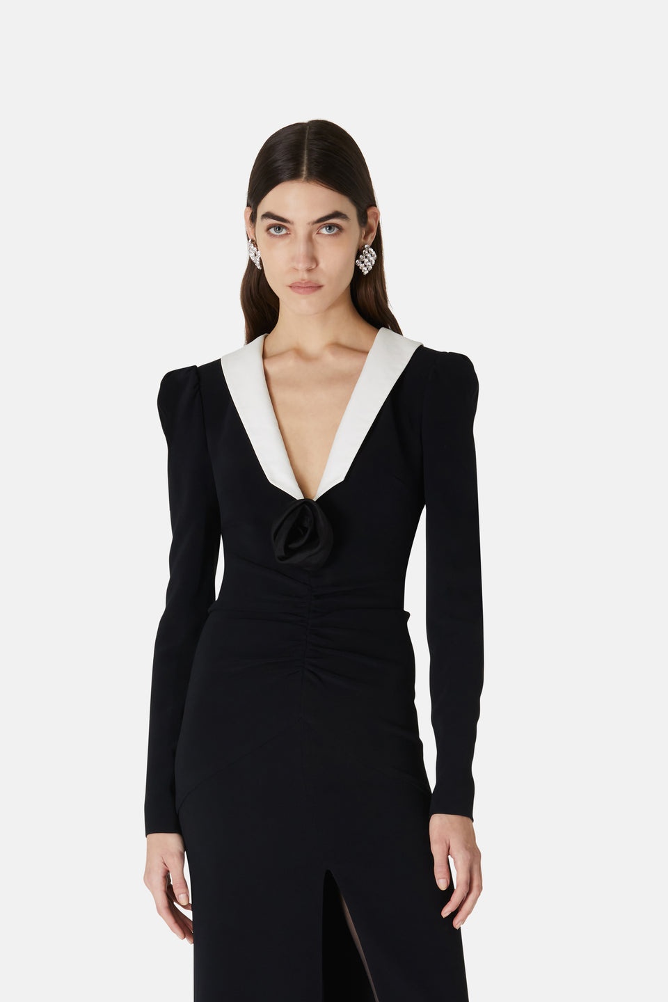 CADY EVENING DRESS WITH MIKADO COLLAR, ROSE DETAIL - 6
