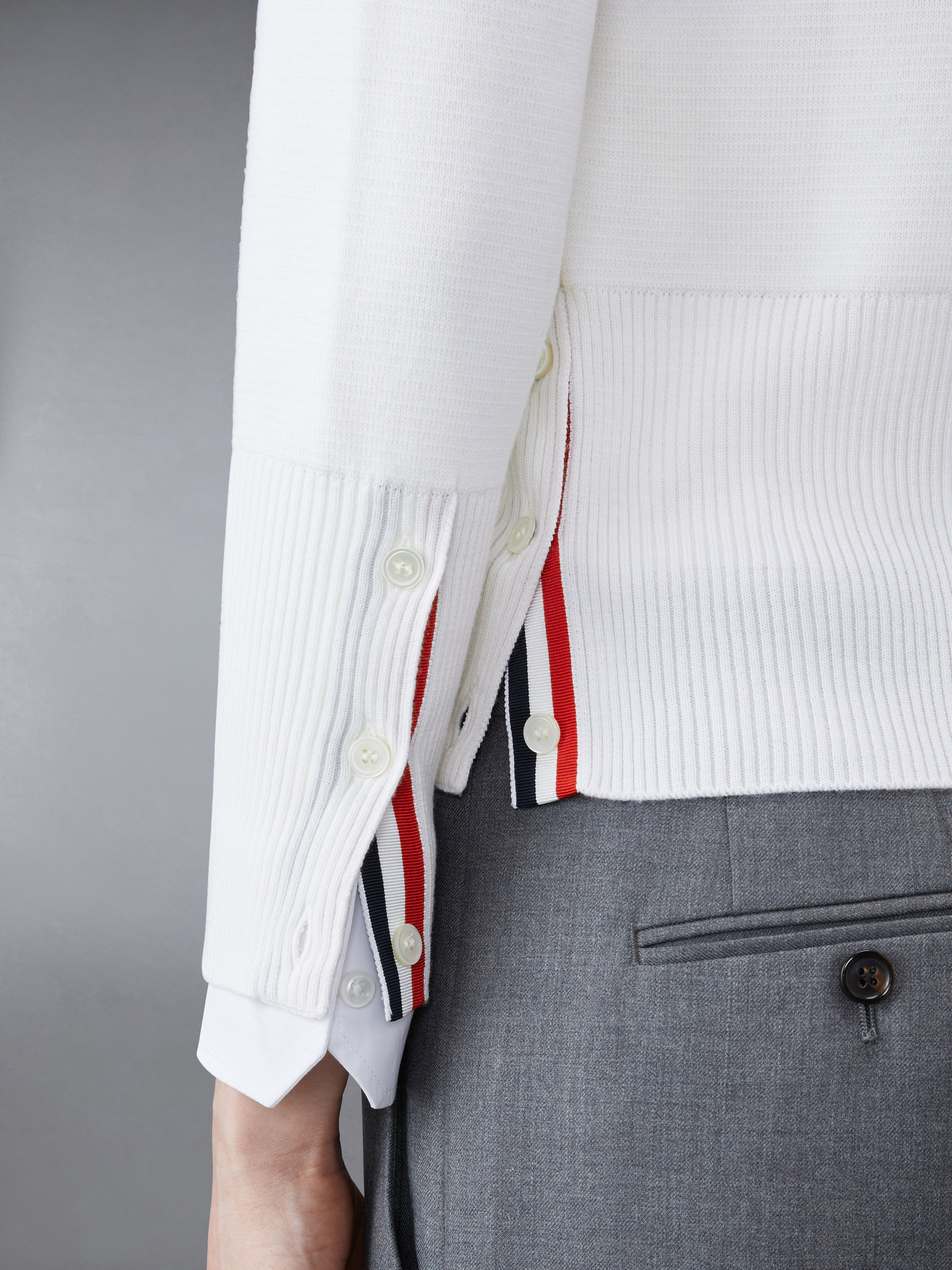 White Milano Stitch Fine Merino Wool 4-bar Classic V-neck Cardigan - 5