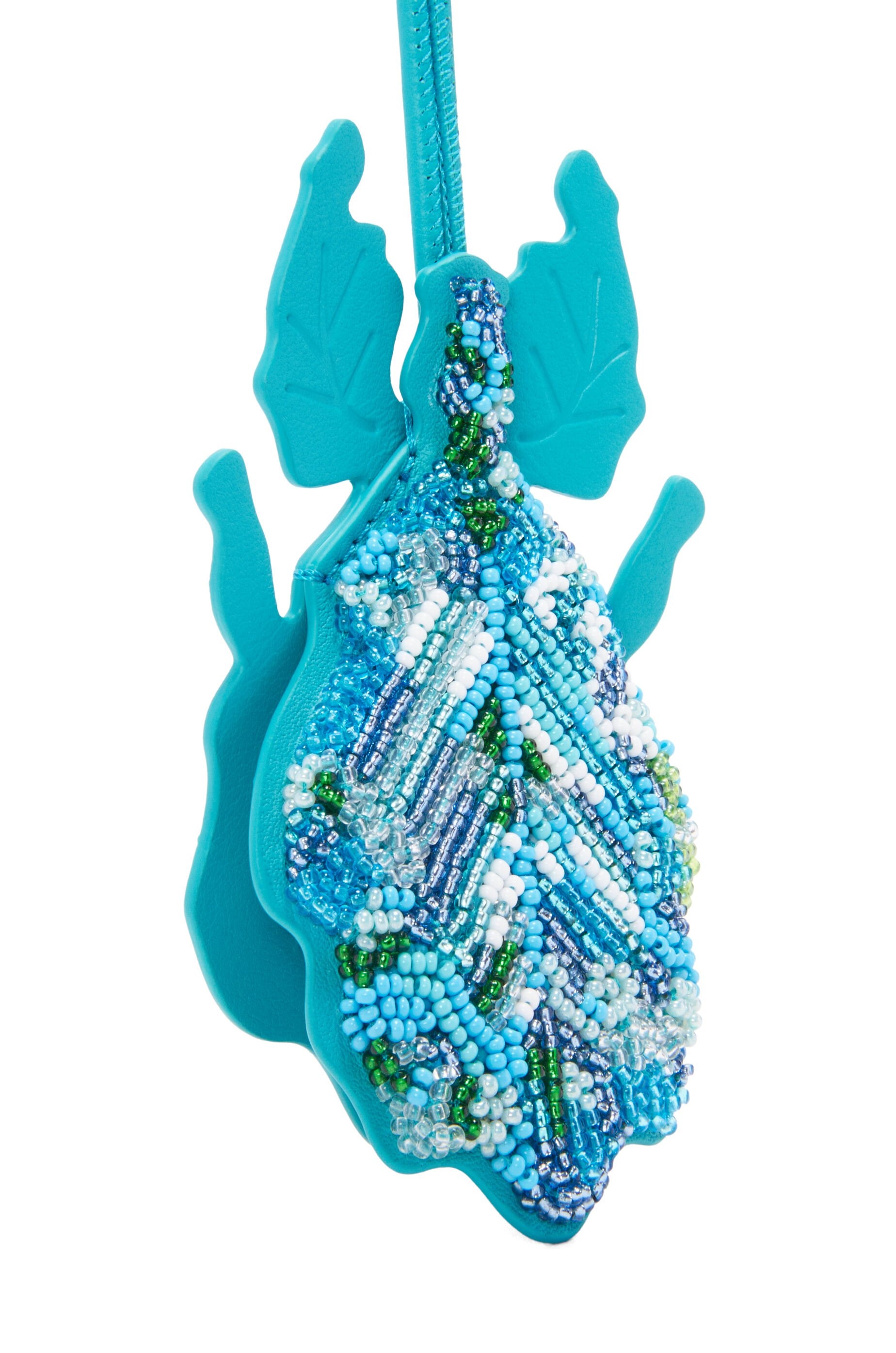 Leaf insect keyfob charm in beaded leather - 2