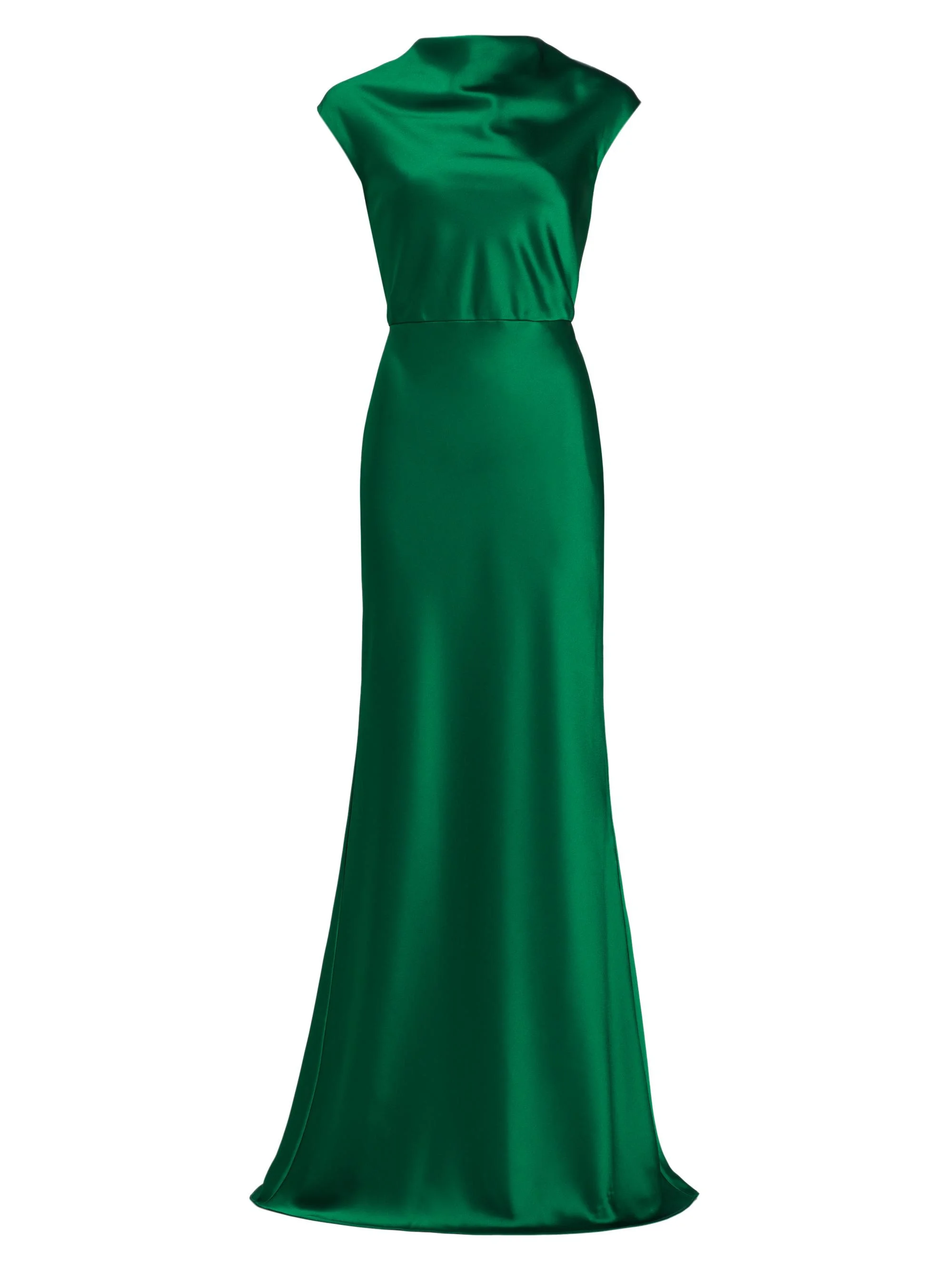 Women's Satin High Cowlneck A-Line Gown - Emerald - 1