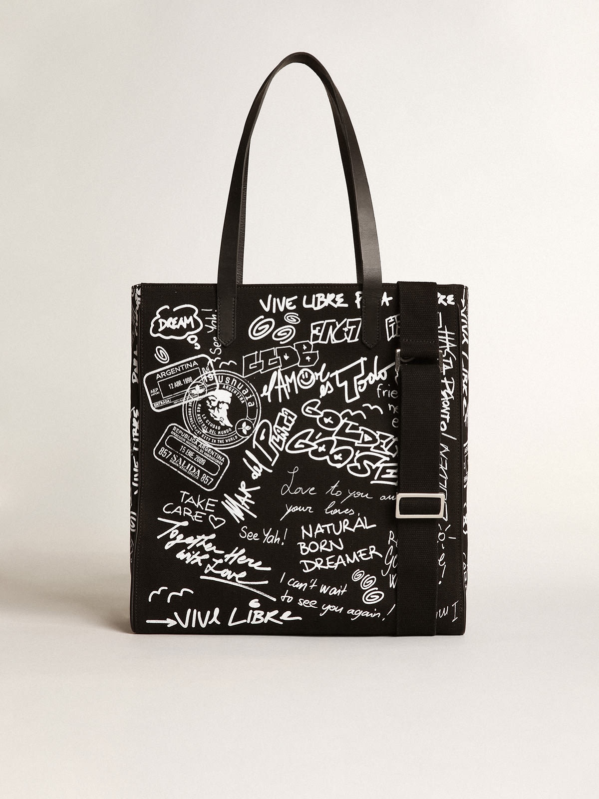 Black North-South California Bag with contrasting white graffiti print - 2