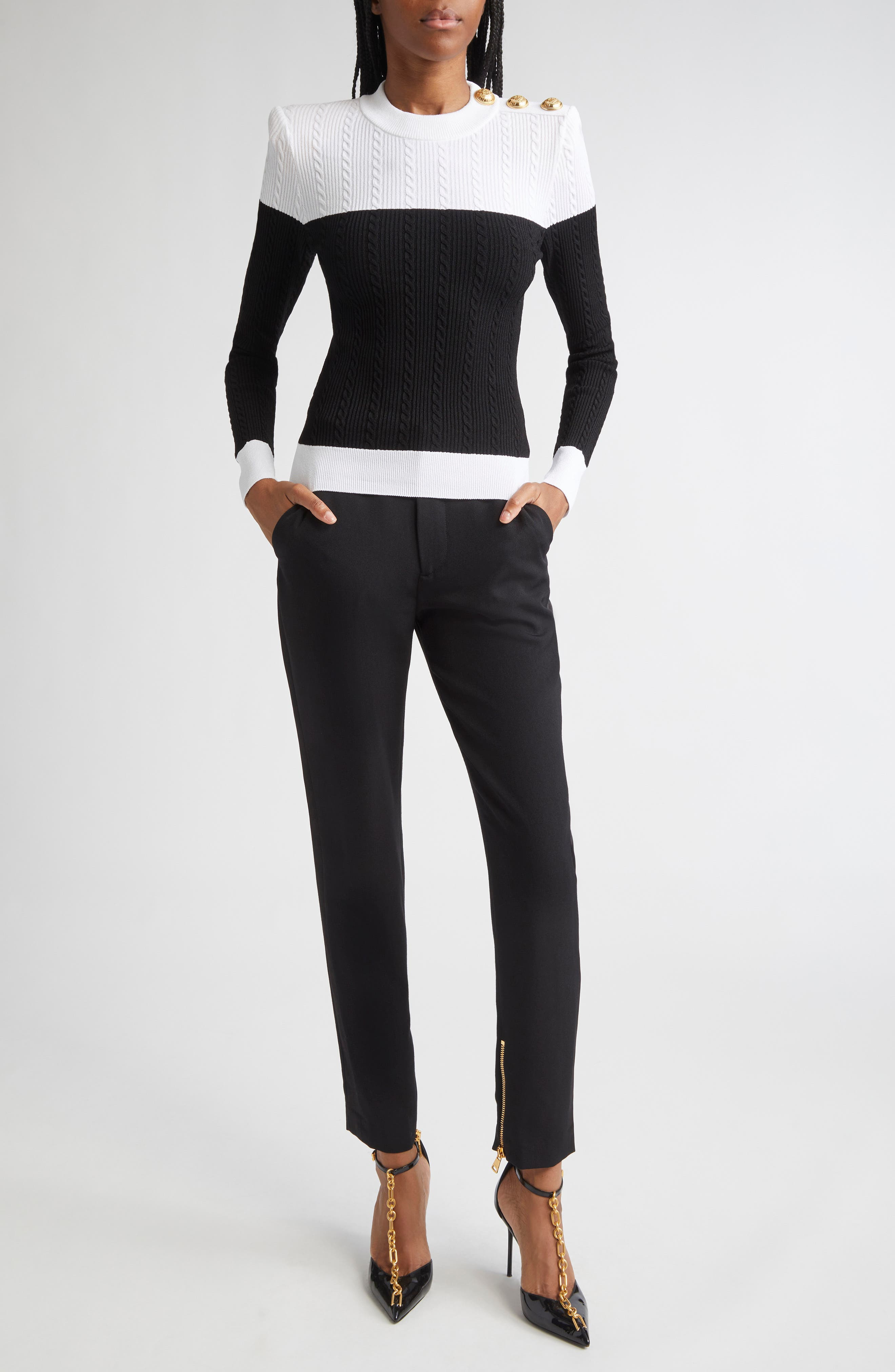Balmain Twisted Cable Knit Sweater in Black/White at Nordstrom - 2