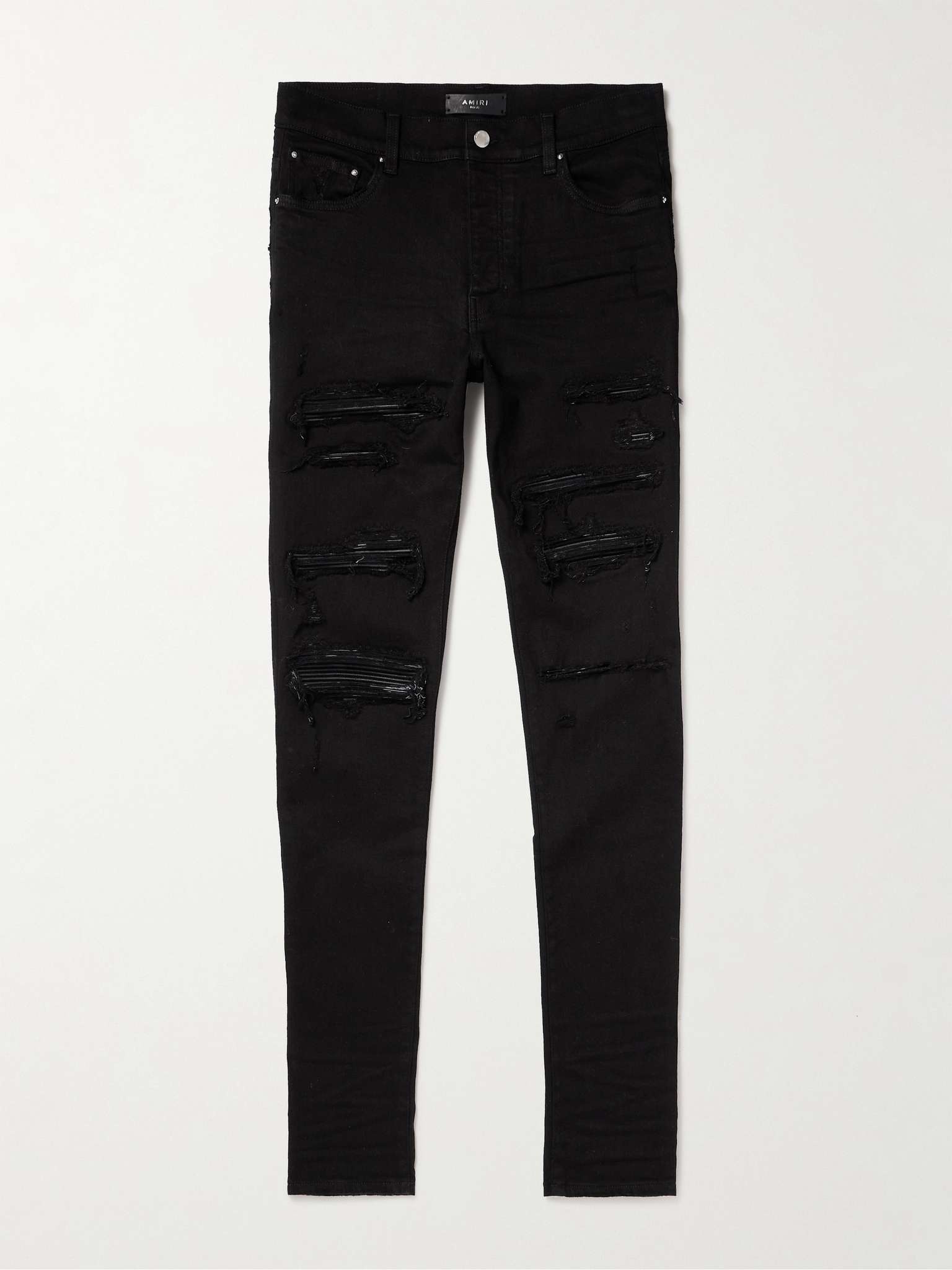 AMIRI Thrasher Skinny-Fit Leather-Panelled Distressed Jeans AMIRI Thrasher Skinny-Fit Leather-Panelled Distressed Jeans