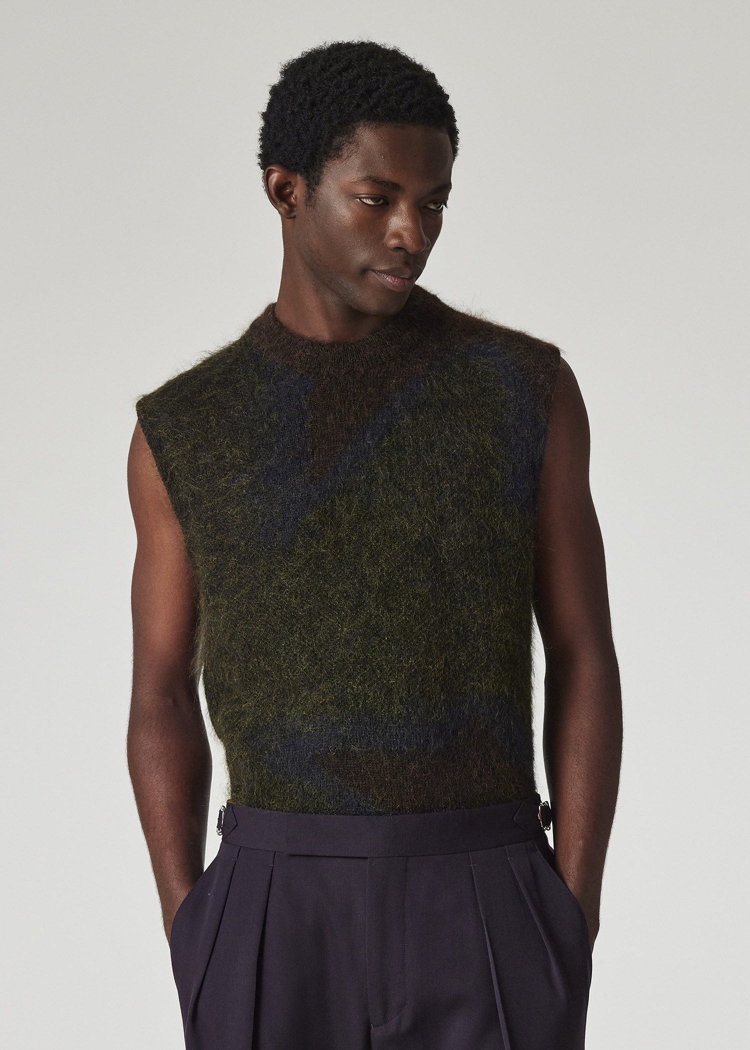 Dark Grey and Green 'Photogram Leaves' Mohair-Blend Knitted Vest - 3