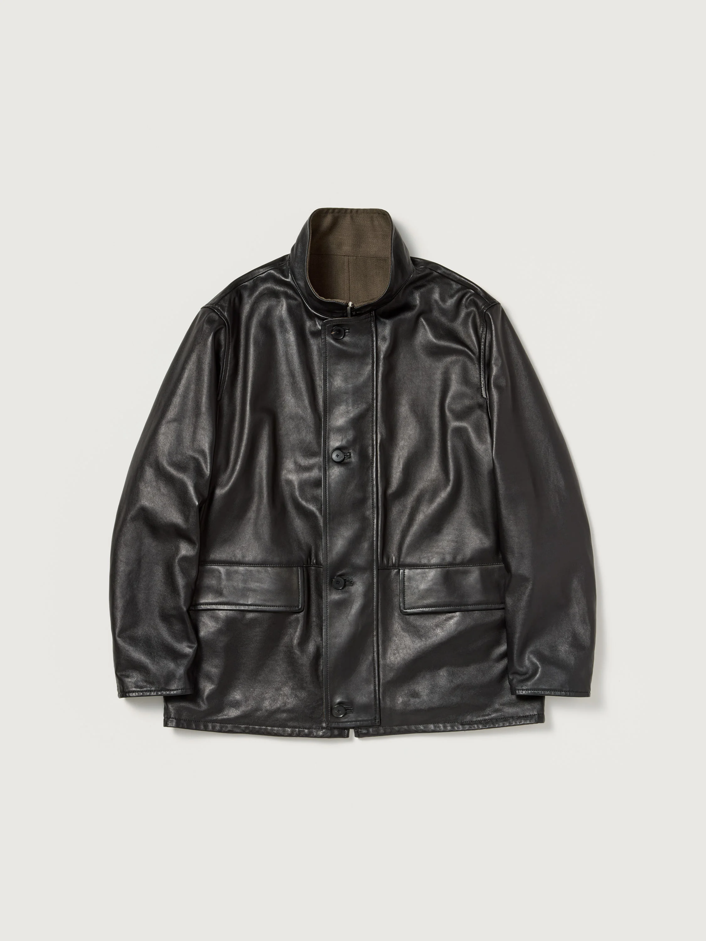 REVERSIBLE WOOL TWISTED TWILL / SHEEP LEATHER HALF COAT - 1