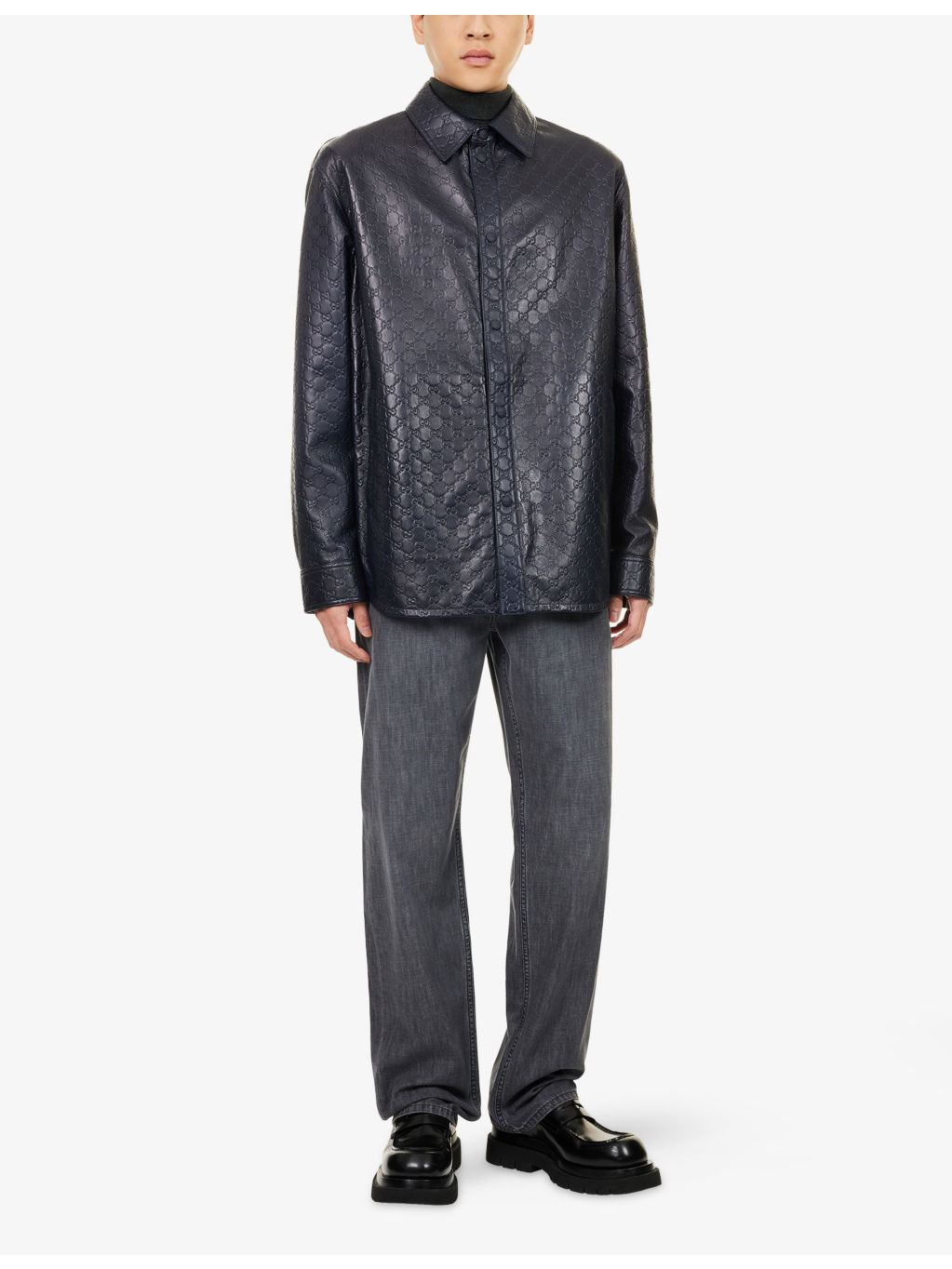 Embossed Monogram-Pattern Long-Sleeve Faux-Leather Shirt - 2