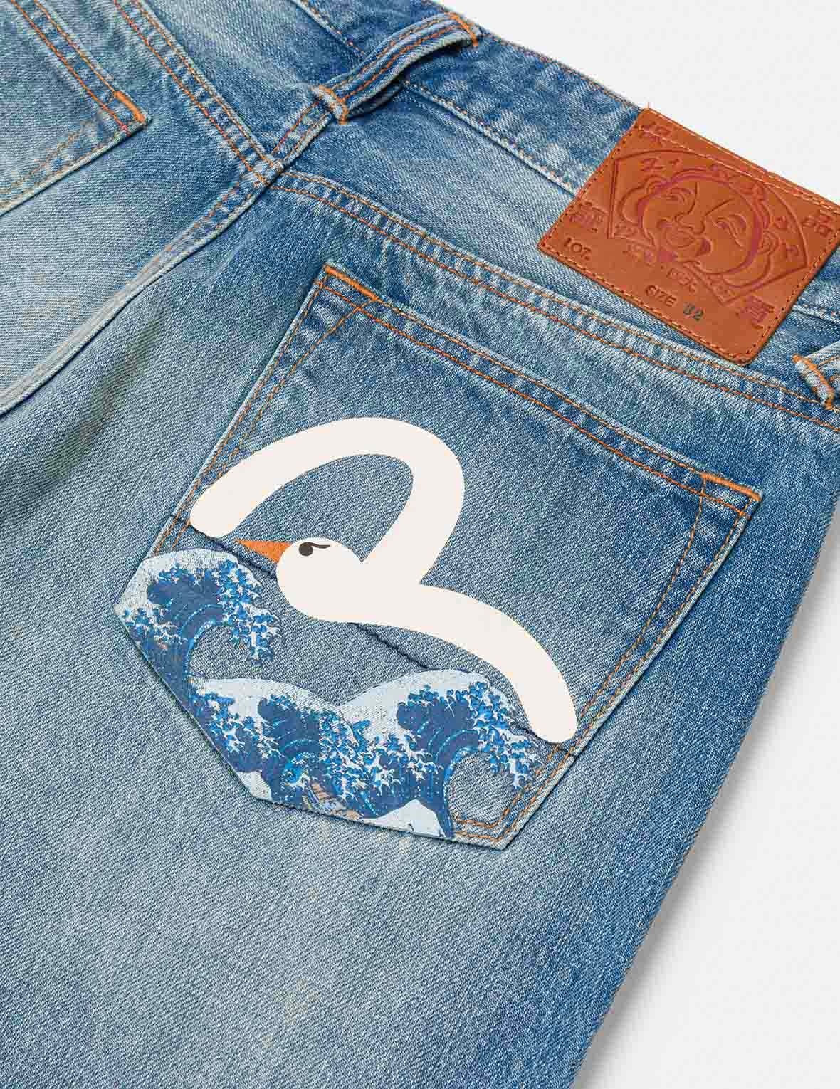 Playful Seagull and The Great Wave Print Regular Fit Denim Shorts - 5