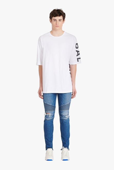 Oversized white eco-designed cotton T-shirt with black Balmain logo print - 4