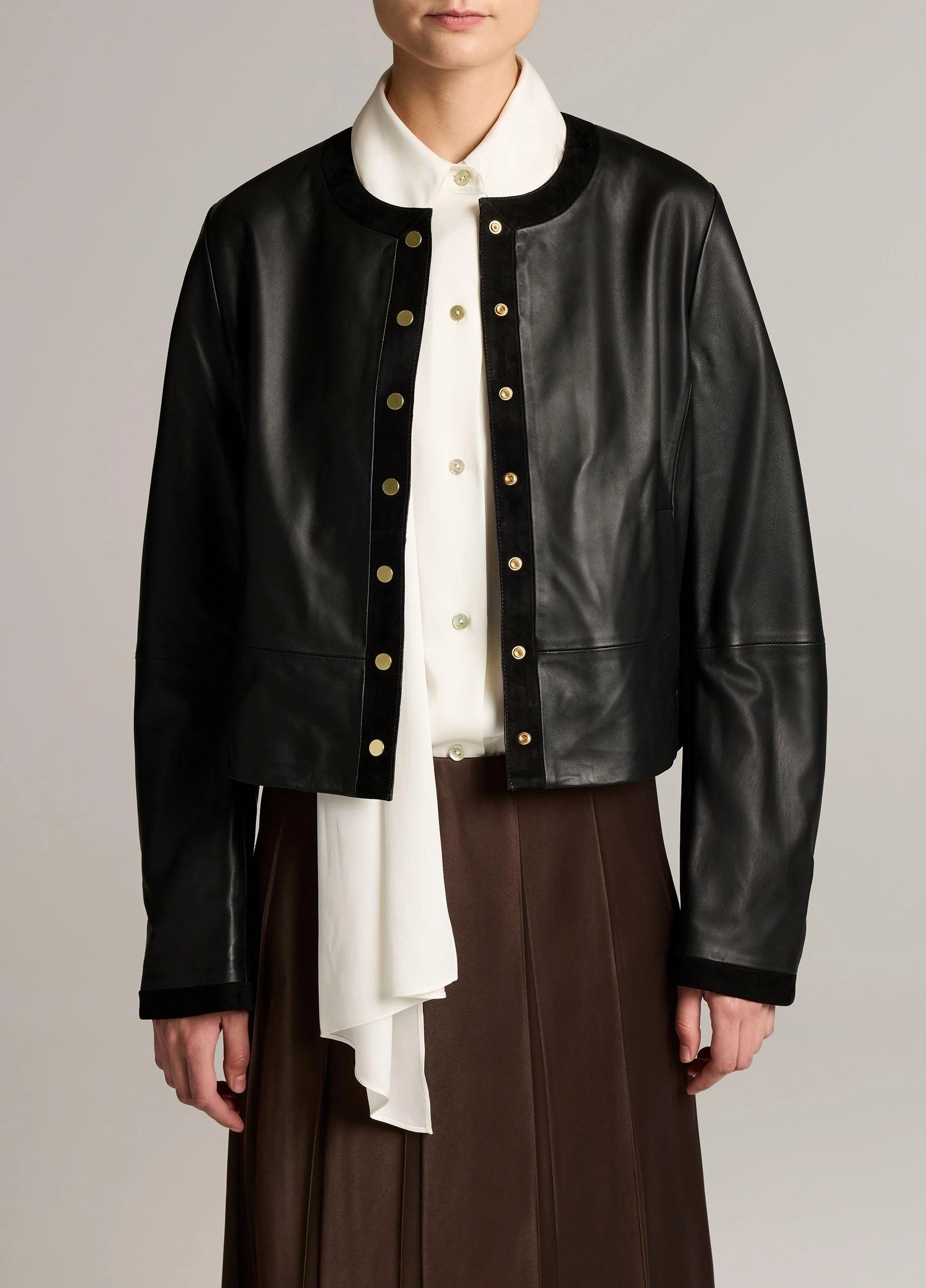Suede-Trimmed Leather Cropped Jacket - 1