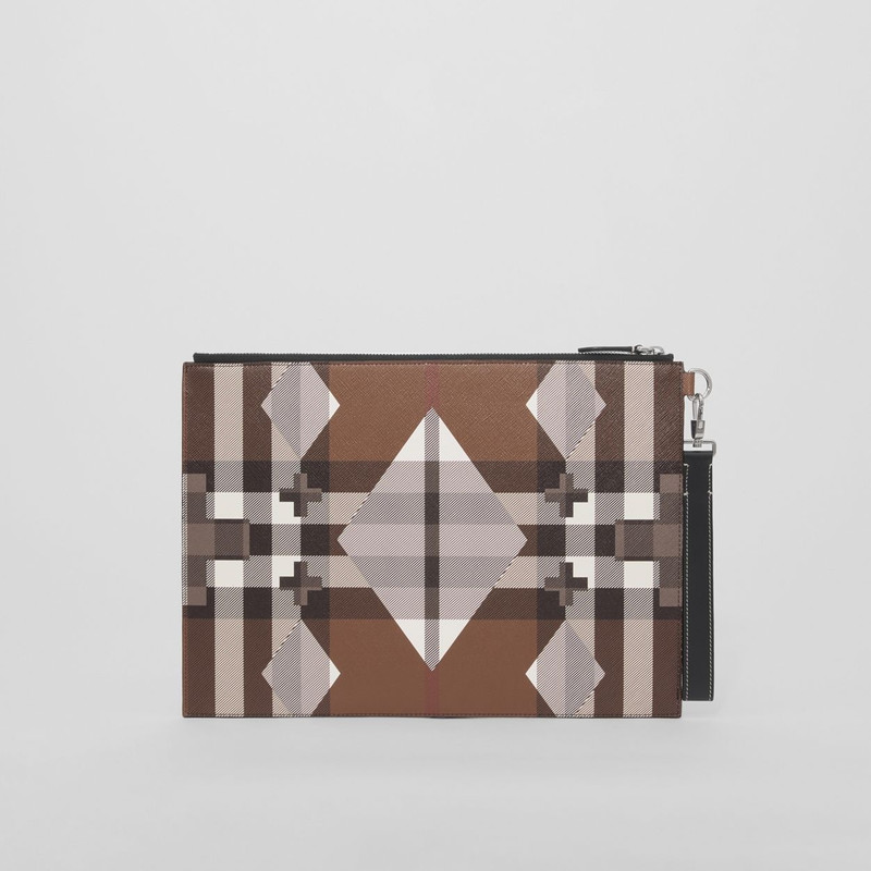 Large Geometric Check and Leather Zip Pouch 7