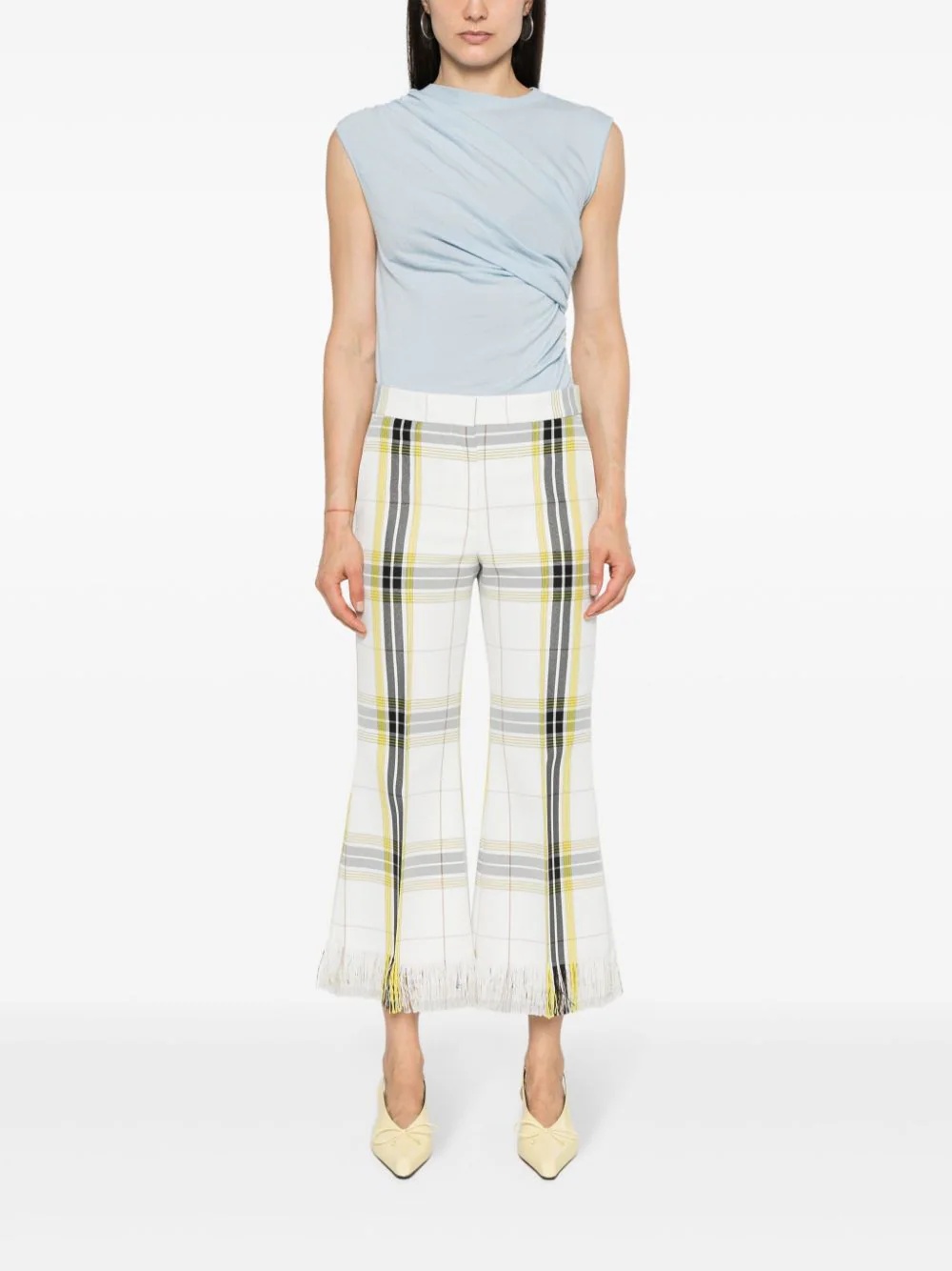 White Yellow Checkered Cropped Pants - 2