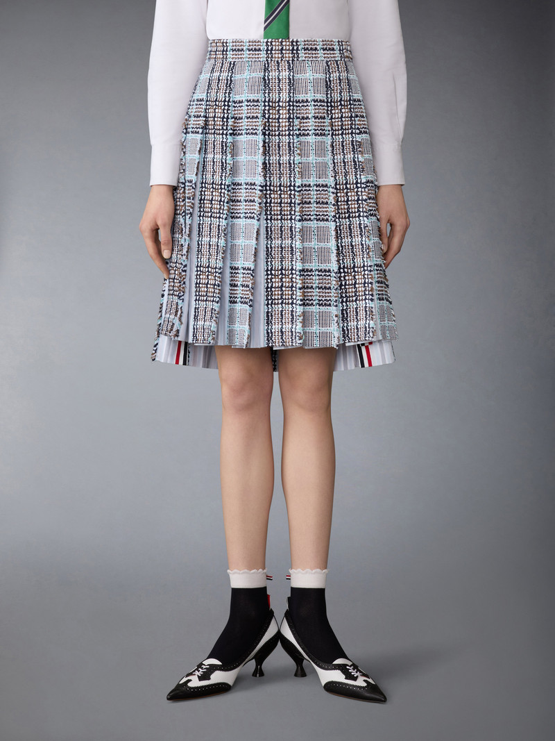 Thom Browne PLAID CHECK SUMMER TWEED FRAYED PLEATED SKIRT outlook