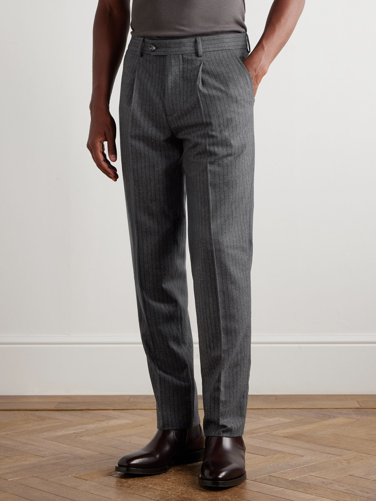 Straight-Leg Pleated Striped Wool-Flannel Suit Trousers Gray - 3