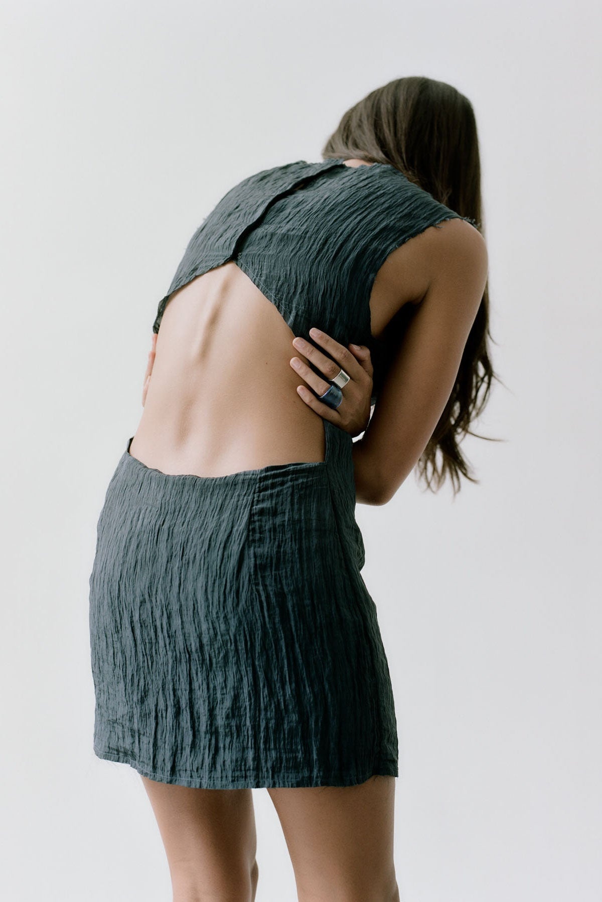 Textured Open Back Mini Dress - Ink - 4