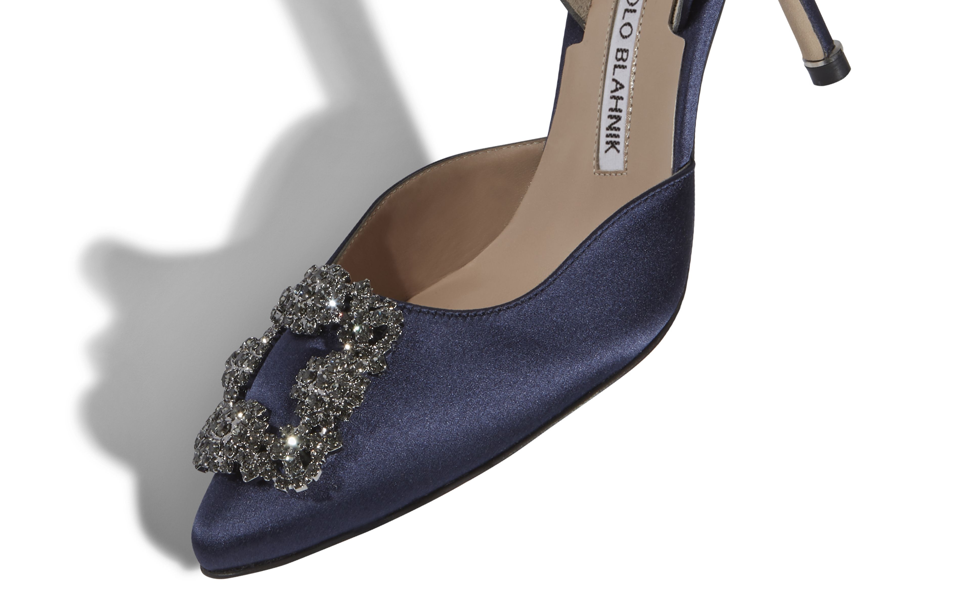 Navy Blue Satin Jewel Buckle Slingback Pumps - 4