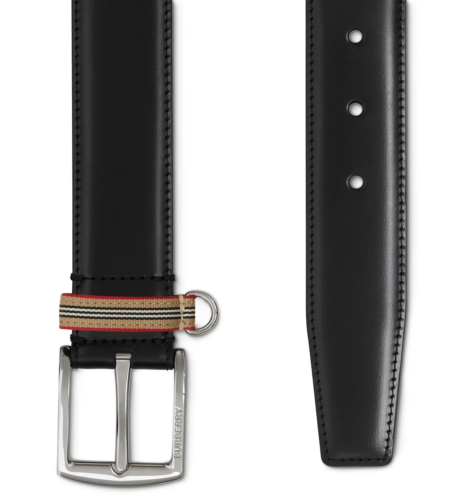 3.5cm Striped Webbing-Trimmed Leather Belt - 3